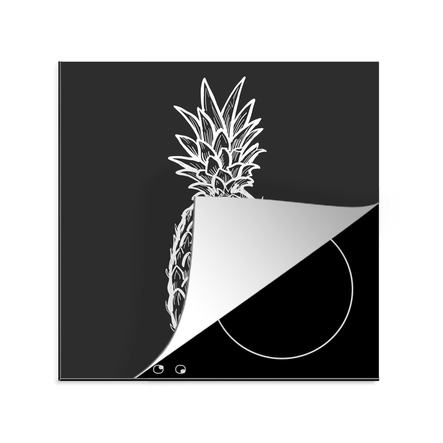 MuchoWow Herdblende-/Abdeckplatte Illustration einer Ananas in Schwarz und Weiß, Vinyl, (1 tlg), 78x78 cm, Ceranfeldabdeckung, Arbeitsplatte für küche