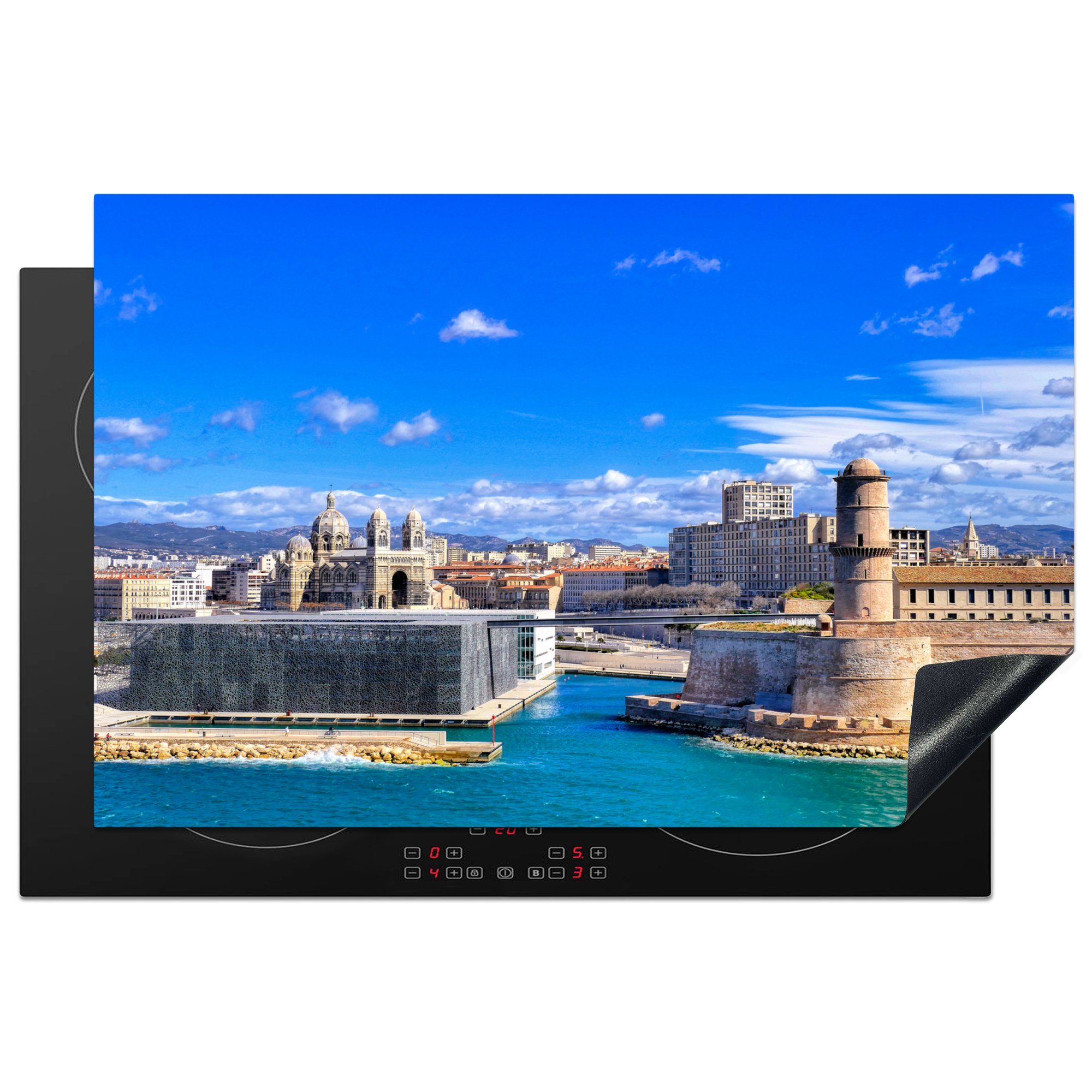 MuchoWow Herdblende-/Abdeckplatte Blick auf die Festung Saint-Jean in Marseille, Frankreich, Vinyl, (1 tlg), 81x52 cm, Induktionskochfeld Schutz für die küche, Ceranfeldabdeckung