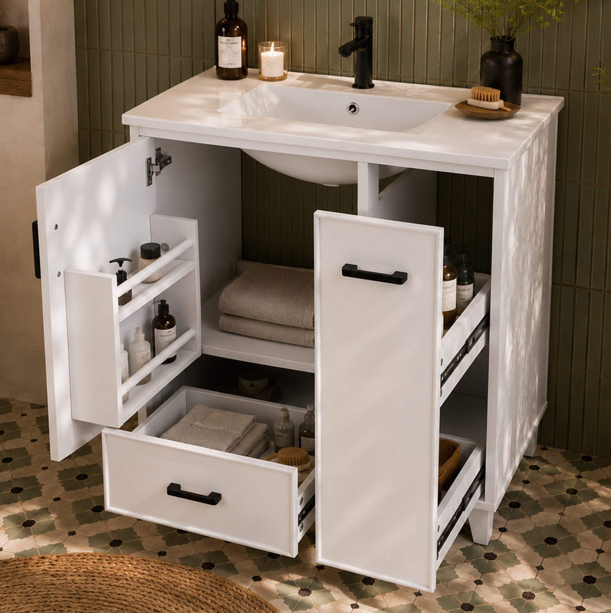 REDOM Waschbeckenunterschrank Badezimmerschrank mit Keramikbecken,Badmöbel (2-stufigem Seitenauszug und zusätzlichem Stauraum, freistehender Badschrank 76,5x47x82 cm mit lackierter Oberfläche)