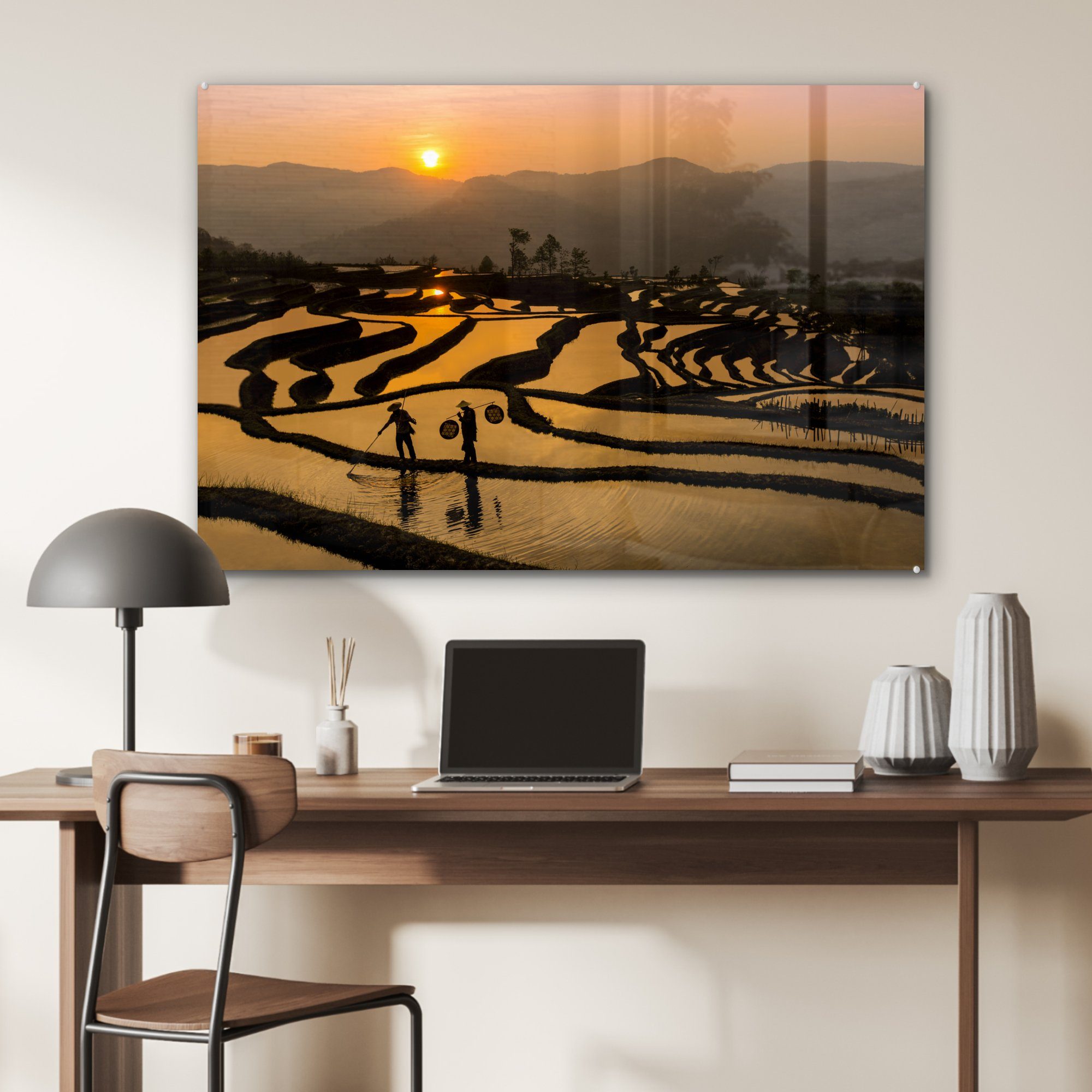 MuchoWow Acrylglasbild Schönes Bild einem & bei (1 St), von Sonnenuntergang, Schlafzimmer Wohnzimmer Reisfeld Acrylglasbilder