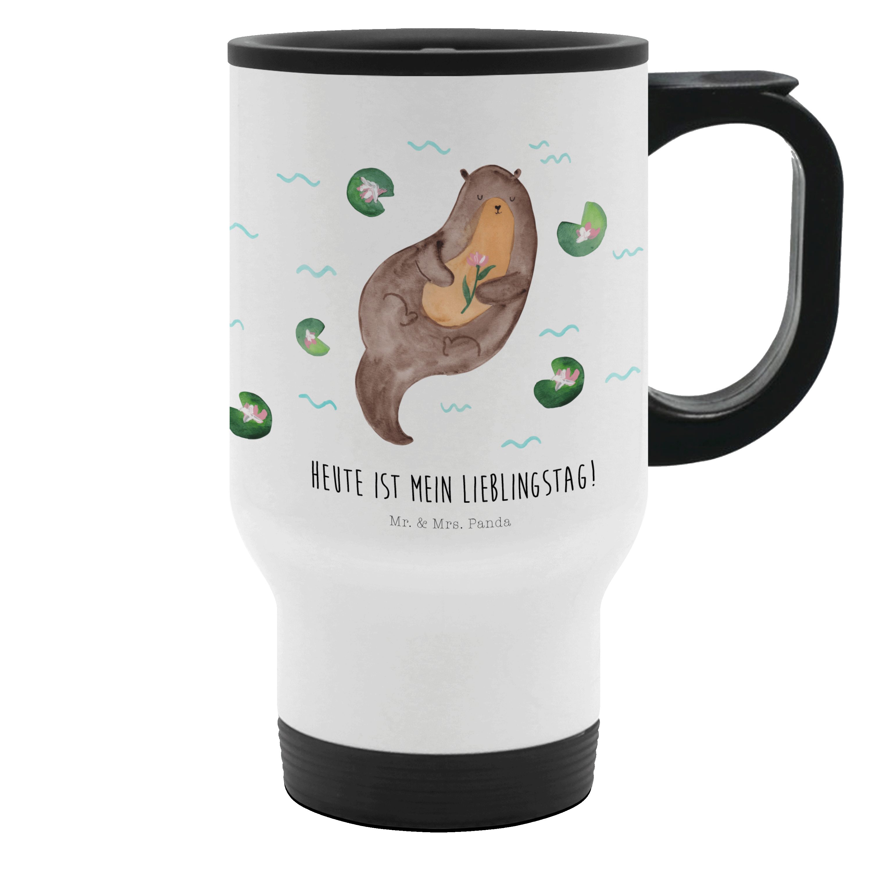 Mr. & Mrs. Panda Thermobecher Otter mit Seerose - Weiß - Geschenk, Wasser, Seeotter, Warmhaltetasse, Edelstahl