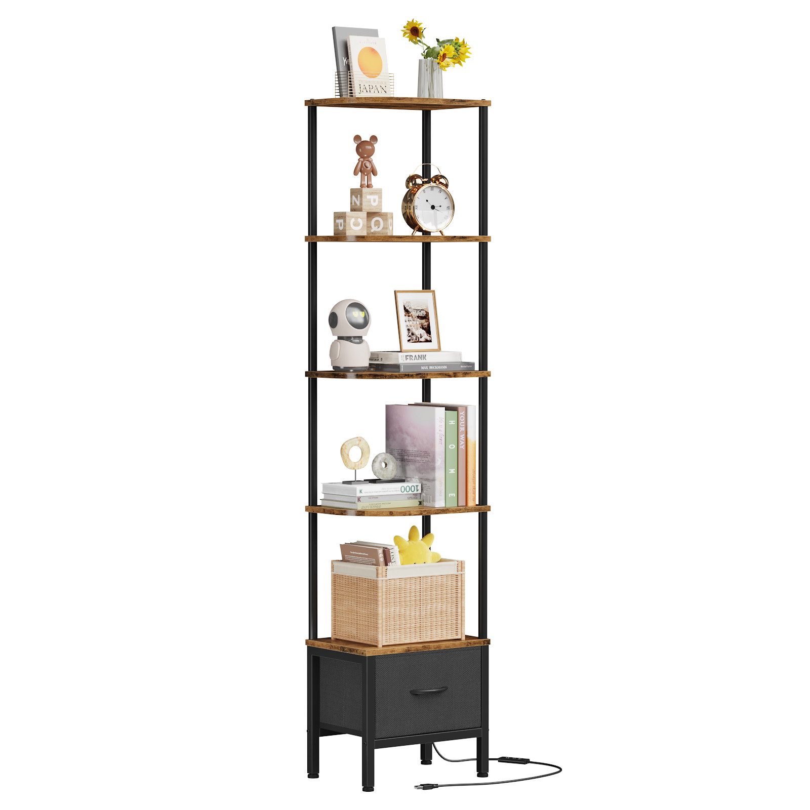 OYRREU Bücherregal Wohnzimmer, Homeoffice Eckenregal Höhe 172 cm, LED-Beleuchtung, Helligkeit & Farbe einstellbar, Regal, 1-Stk., Wohnzimmerregal, Stauraumregal 5 Fächern, App-gesteuert, 5 Ebenen, schmal, Aufbewahrungsregal