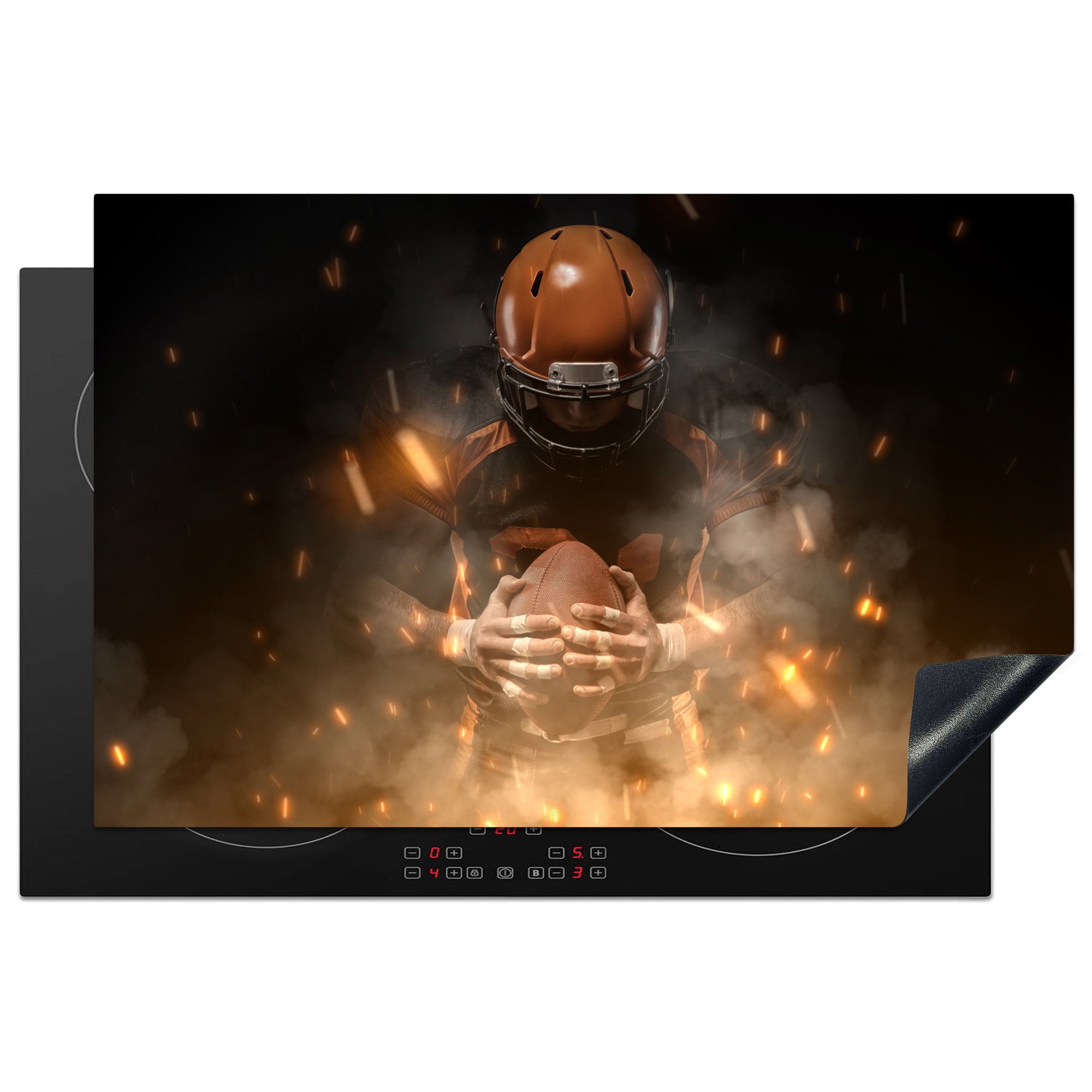 MuchoWow Herdblende-/Abdeckplatte Rugby - American Football - Feuer, Vinyl, (1 tlg), 81x52 cm, Induktionskochfeld Schutz für die küche, Ceranfeldabdeckung