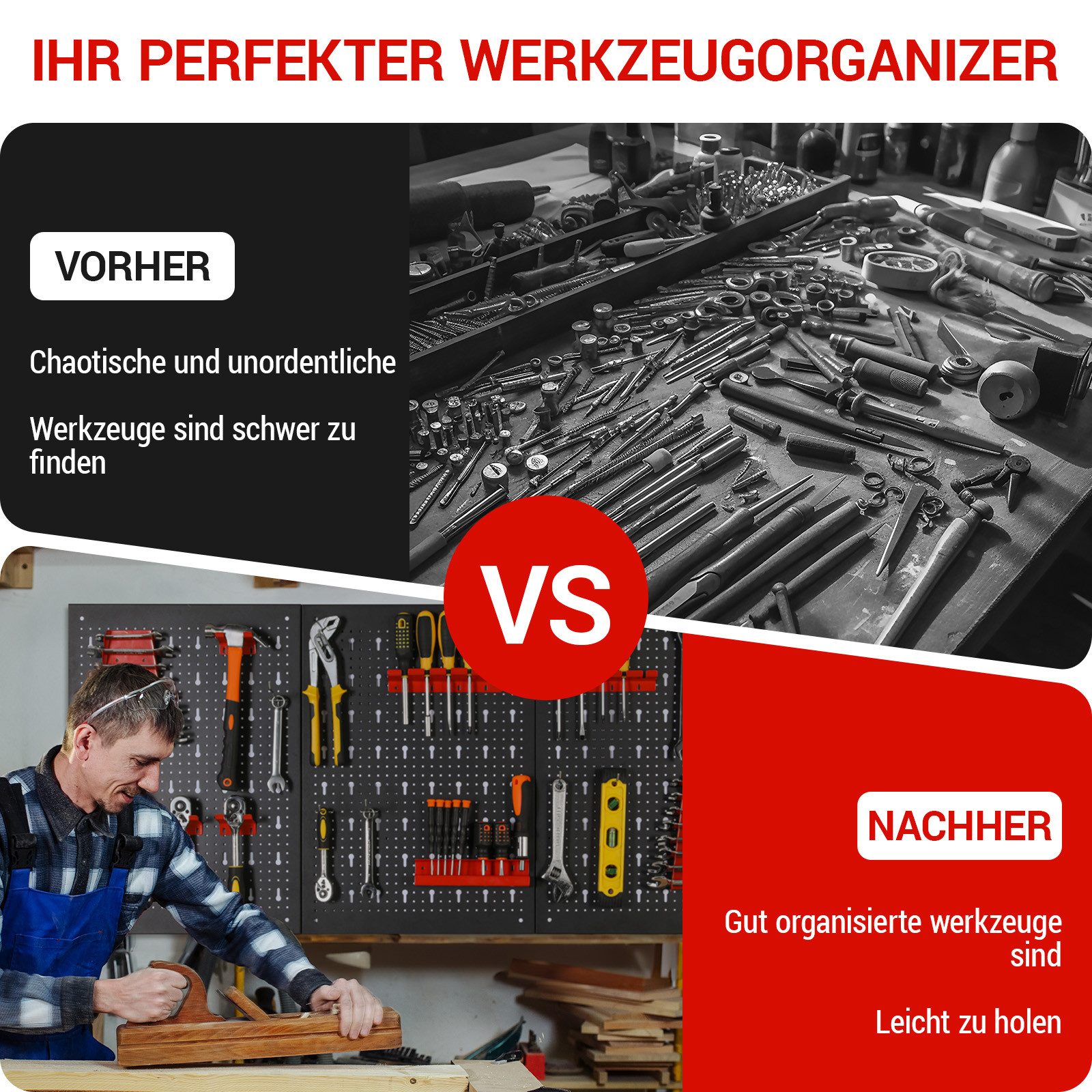 TLGREEN Lochwand Werkzeugwand aus Metall, Dreiteilige Lochwand Werkstatt, 3 Stk., (Erweiterbar Werkzeuglochwand mit 17tlg Haken und Halterungen, Werkzeug Wand f – Bild 5 von 5
