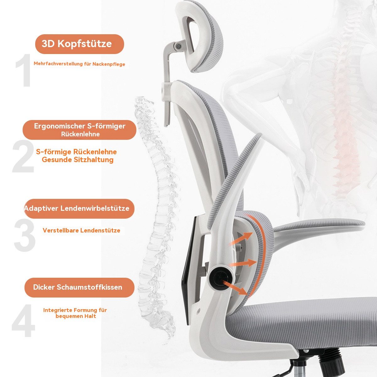 HDHNBA Schreibtischstuhl ergonomisch mit verstellbarer Kopfstütze & klappbaren Armlehnen (1 St), Bürostuhl mit hoher Rückenlehne, Drehstuhl für Home-Office – Bild 4 von 5