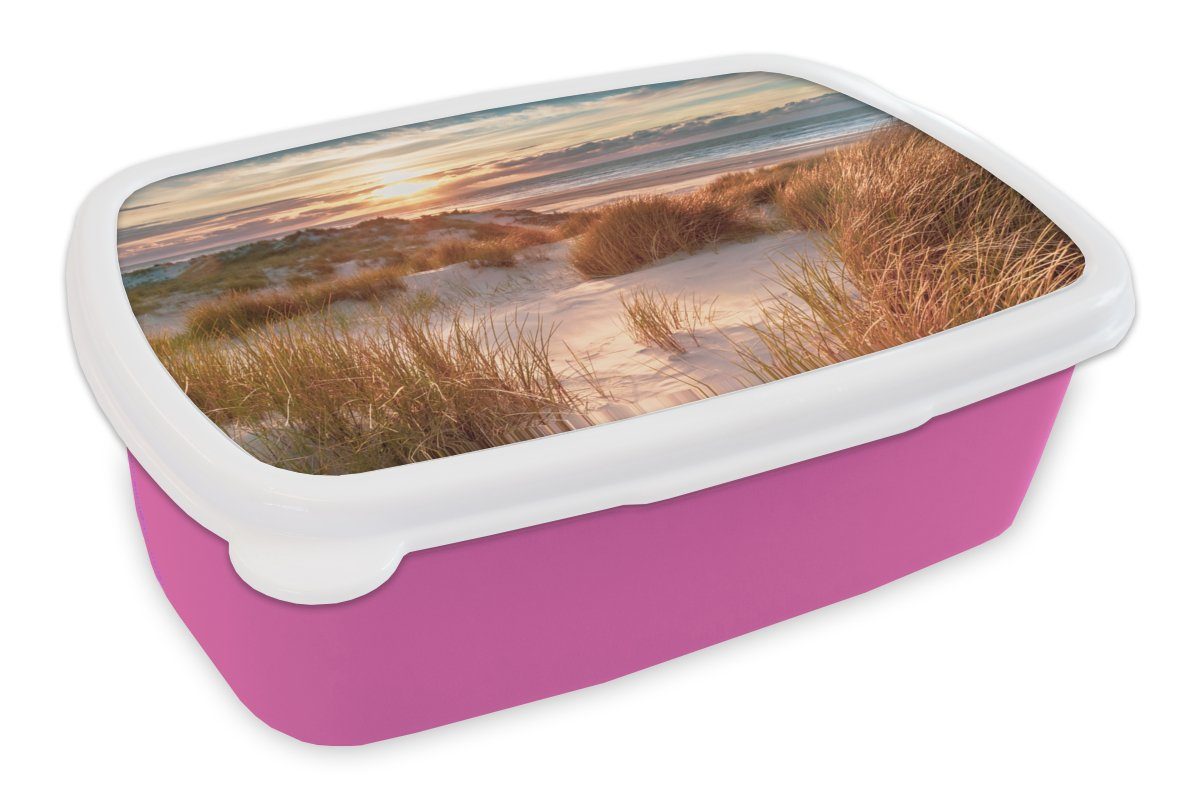 MuchoWow Lunchbox Düne - Pflanzen - Sonnenuntergang - Strand - Meer, Kunststoff, (2-tlg), Brotbox für Erwachsene, Brotdose Kinder, Snackbox, Mädchen, Kunststoff rosa | Lunchboxen