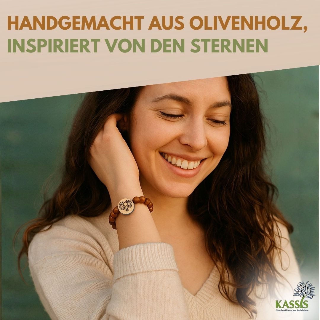 Kassis Geschenkartikel Armband mit Sternzeichen aus Olivenholzperlen Schmuckstück mit Horoskop, handgefertigt in Bethlehem, Geschenk zu mehreren Anlässen – Bild 5 von 5