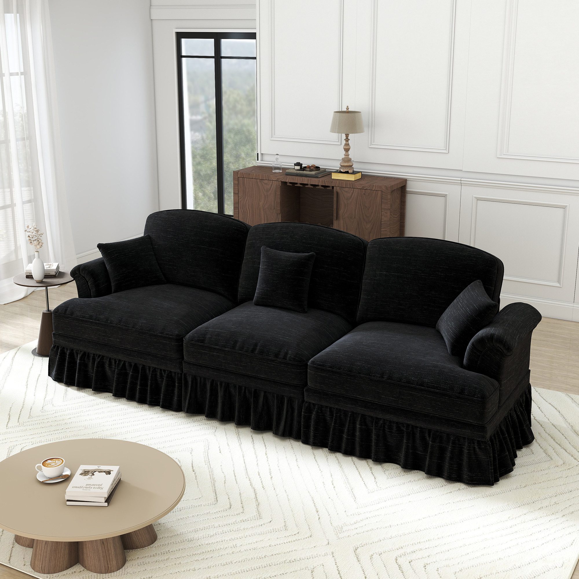 Leawin Sofa Modulares Mid-Century Sofa mit Bettfunktion – Sofas Wohnzimmer, Elegantes 3-Sitzer Chenille-Sofa mit Rüschenrock & Moduldesign