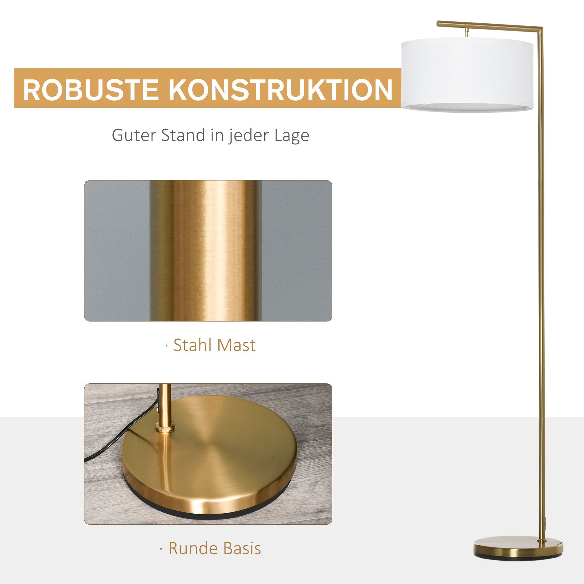 Blossom Stehlampe Standleuchte Stehleuchte E27 Sockel Stahl Leinen, Leselampe für Wohnzimmer, Schlafzimmer, Büro, Esszimmer, Gold Weiß – Bild 5 von 5