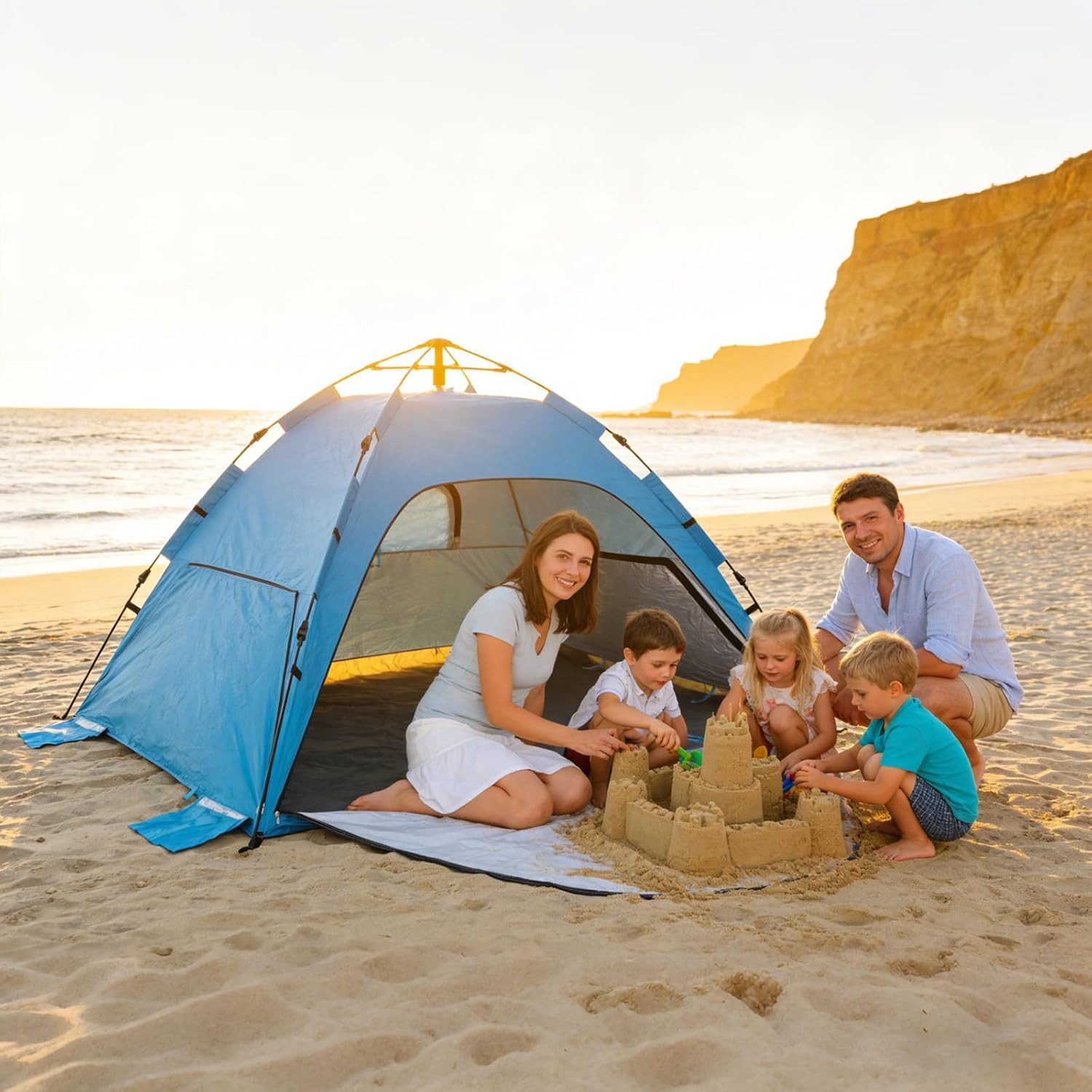 SURFOU Strandmuschel Pop Up Strandmuschel UV50+ für 2-3 Personen Blau