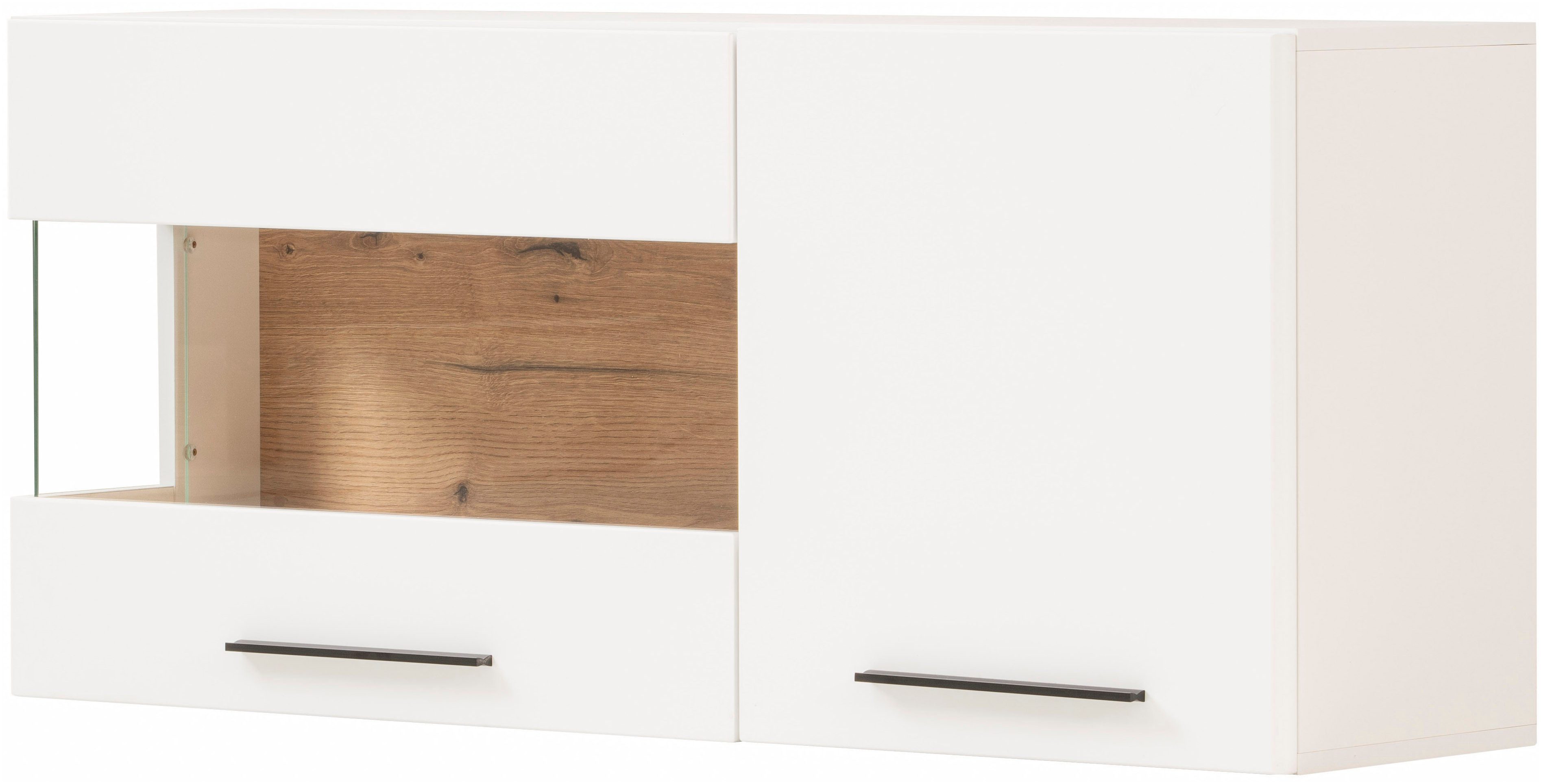 Home affaire Hängevitrine Salerno Hängeschrank, Glasvitrine, Weiß mit Eiche Evoke Dekor, modern. Metallgriffe, ausreichend Stauraum, vielseitig einsetzbar, 120cm breit