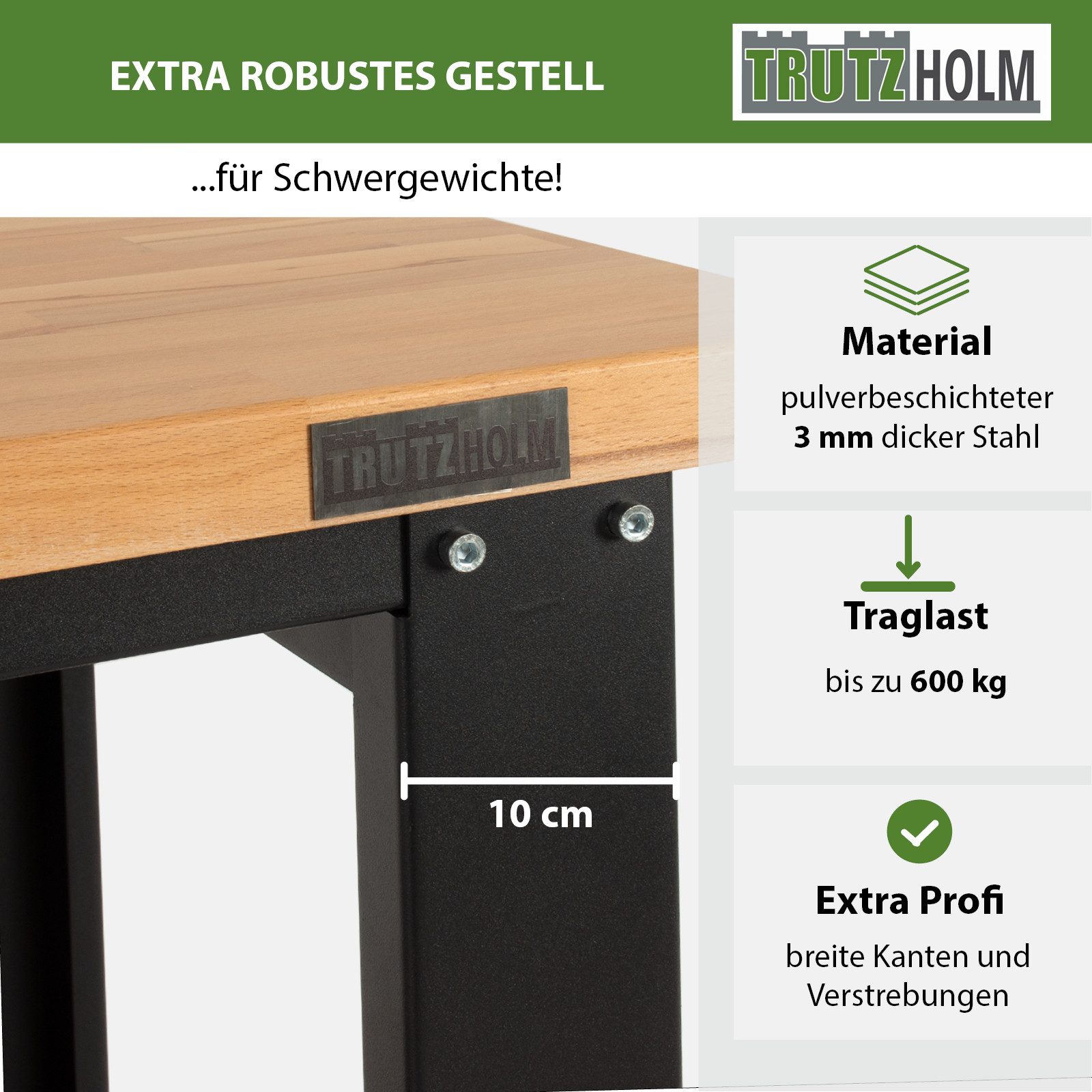 TRUTZHOLM Werkbank Profiline XL 110 x 65 cm 600 kg mit massiver Holzarbeitsplatte, (Artikel, 1-tlg), Mit strapazierfähiger Holzarbeitsplatte & praktischer Ablagefläche