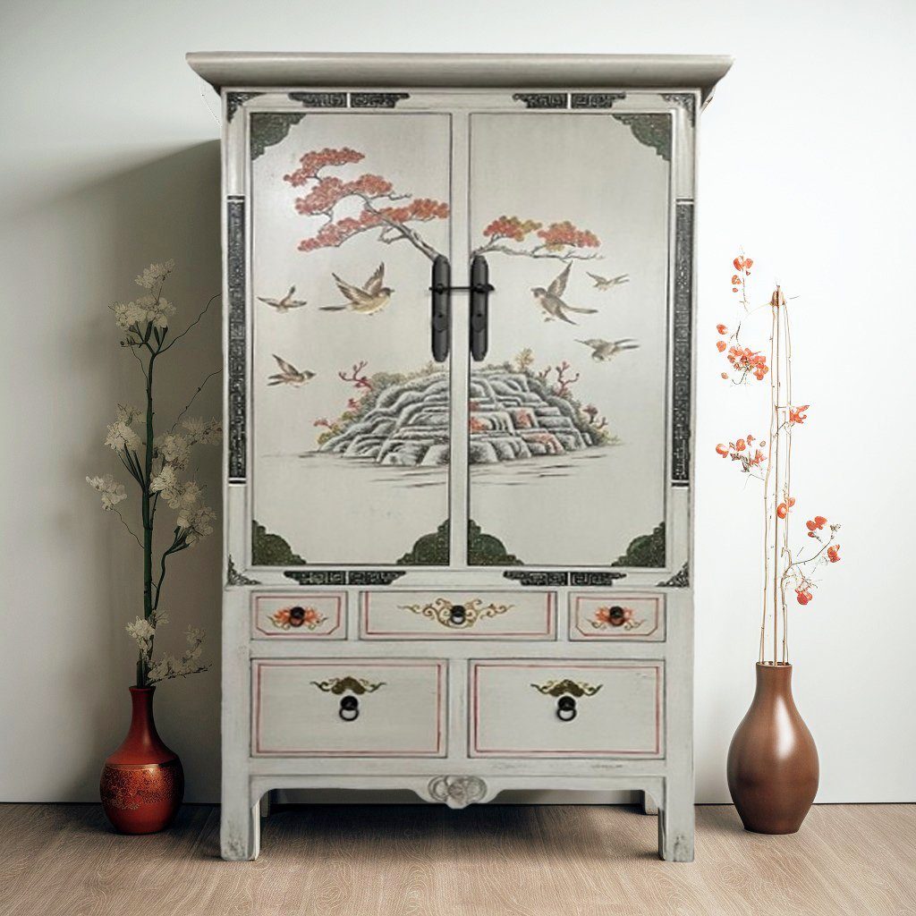 OPIUM OUTLET Kleiderschrank Chinesischer Hochzeitsschrank beige-grau Vintag günstig online kaufen