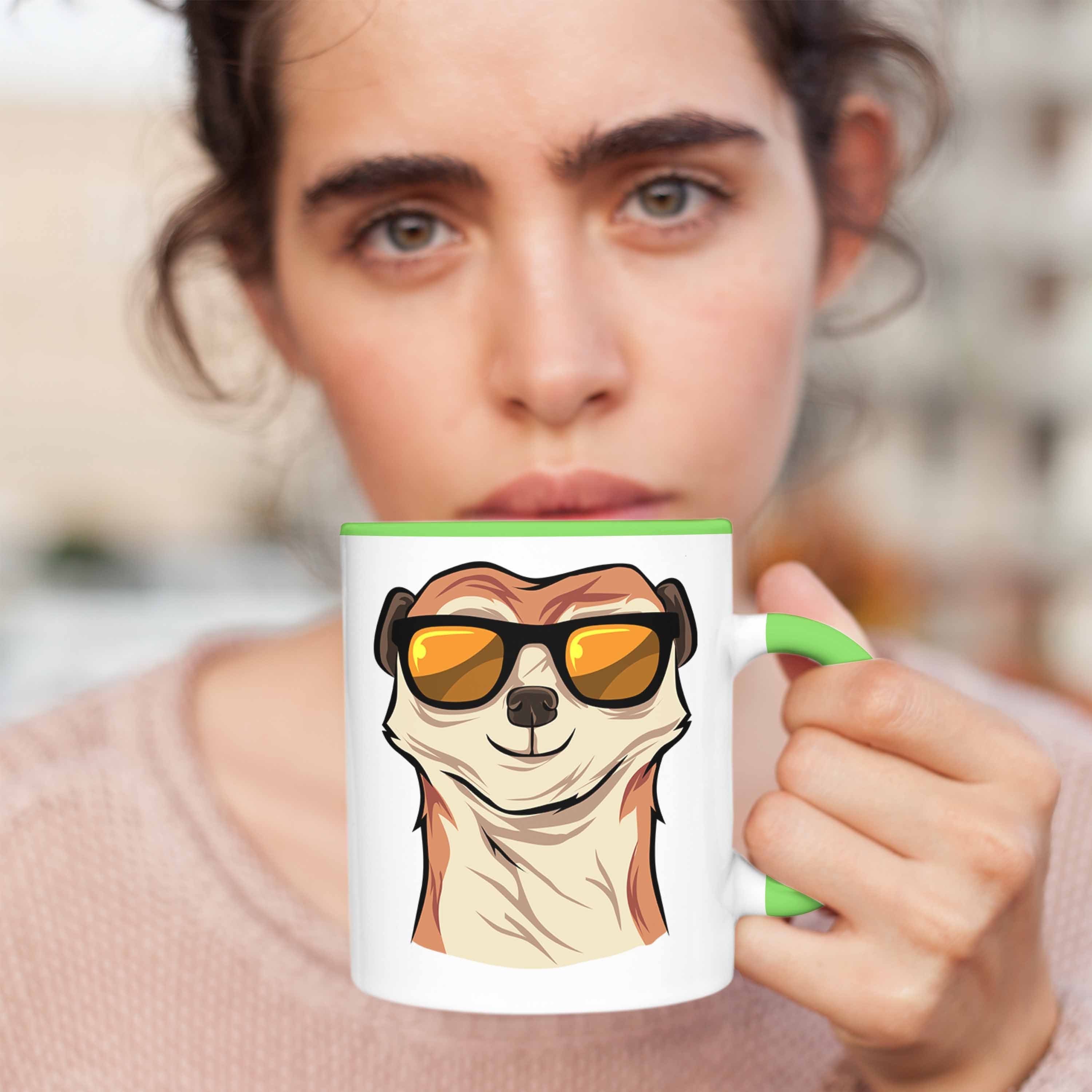 Tierliebhaber Tasse für Geschenk Lustige Grün Trendation Tasse Erdmännchen Sonnenbrille