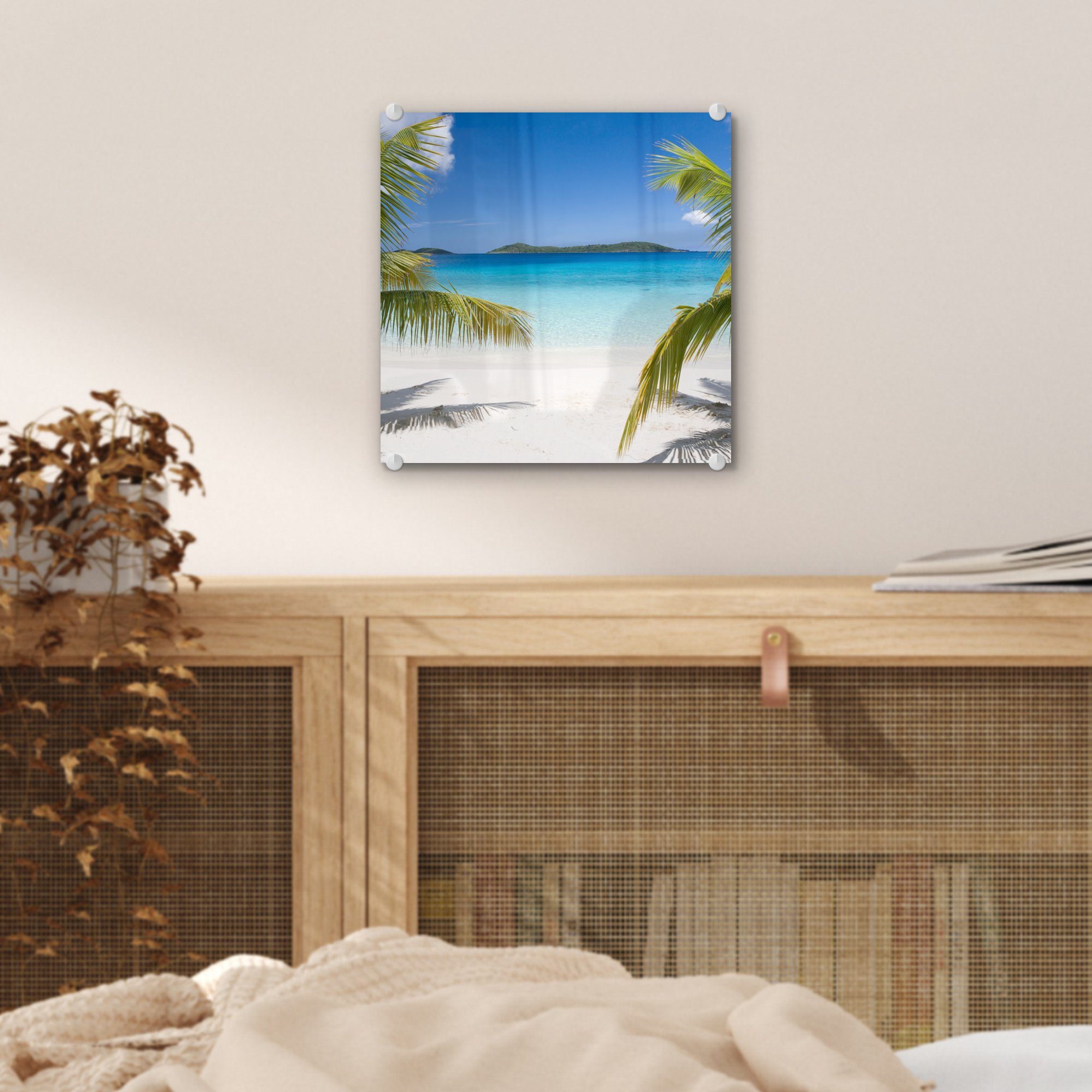 auf Strand Tropisch, auf Wanddekoration Acrylglasbild Glasbilder MuchoWow - Bilder Foto Glas - St), - Palmen Wandbild Glas - (1 -