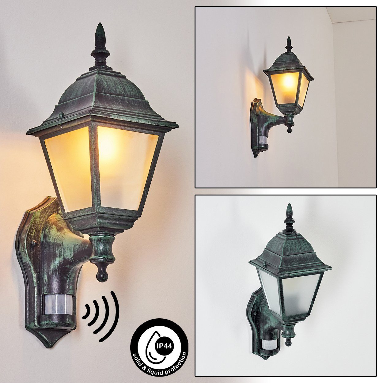 hofstein Außen-Wandleuchte Wandlampe mit Bewegungsmelder in antikem Look aus Metall/Glas, ohne Leuchtmittel, Wandleuchte im Retro/Vintage Design, Außenleuchte für Terrasse, E27
