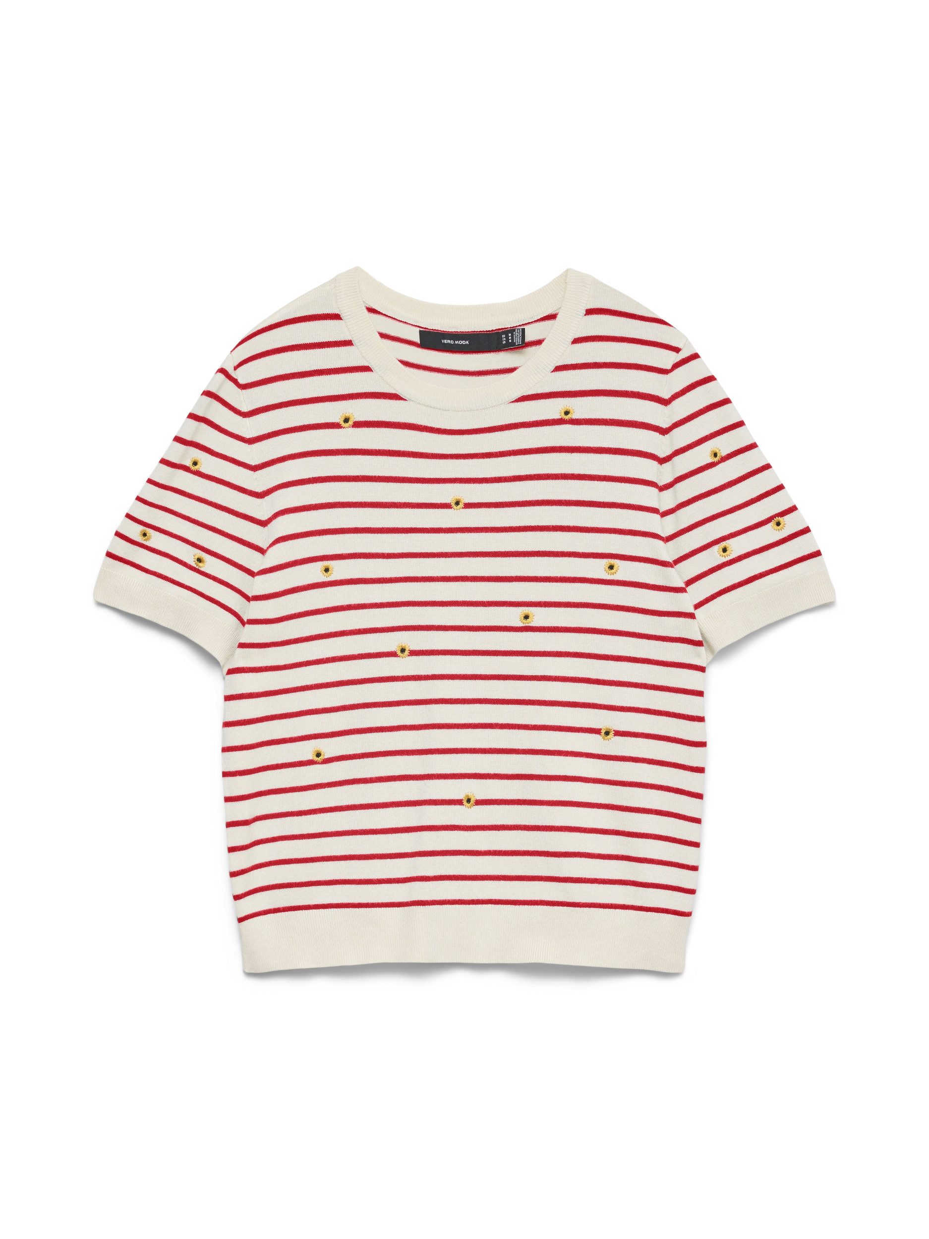 Vero Moda Strickpullover VMCARMELIA SUNFLOWER SS PULLOVER, Birch/W. POINSETTA STRIPE + EMB.