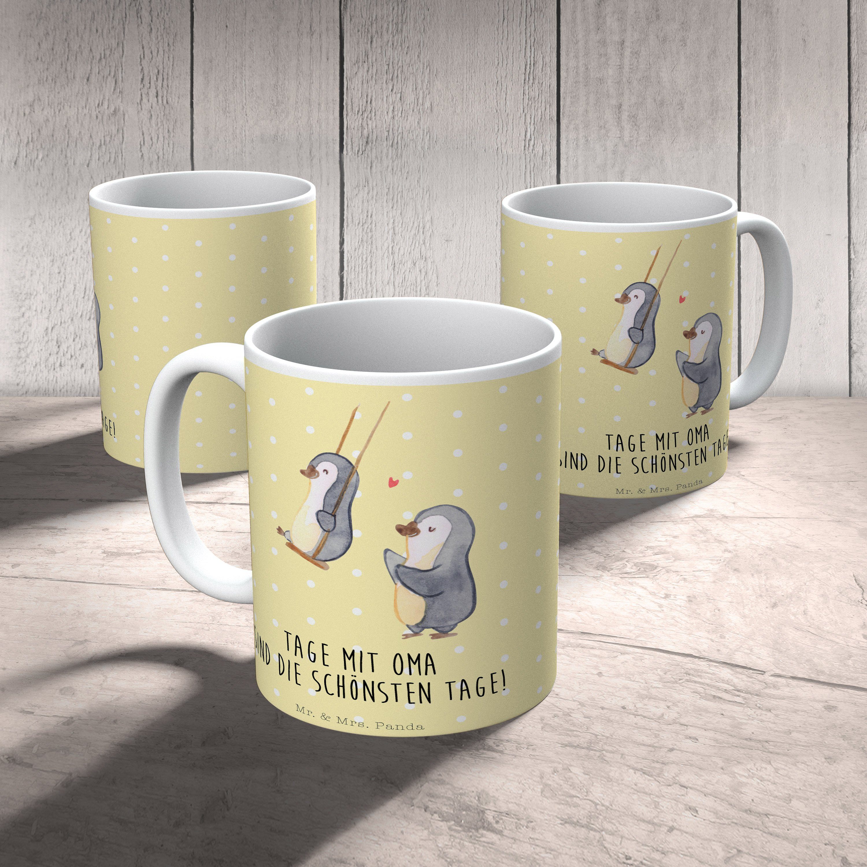 Mr. & Mrs. Panda Tasse Pinguin Oma schaukeln, Mug, Gelb Pastell, Omi, Geschenk für, Becher, 1-tlg., Keramik