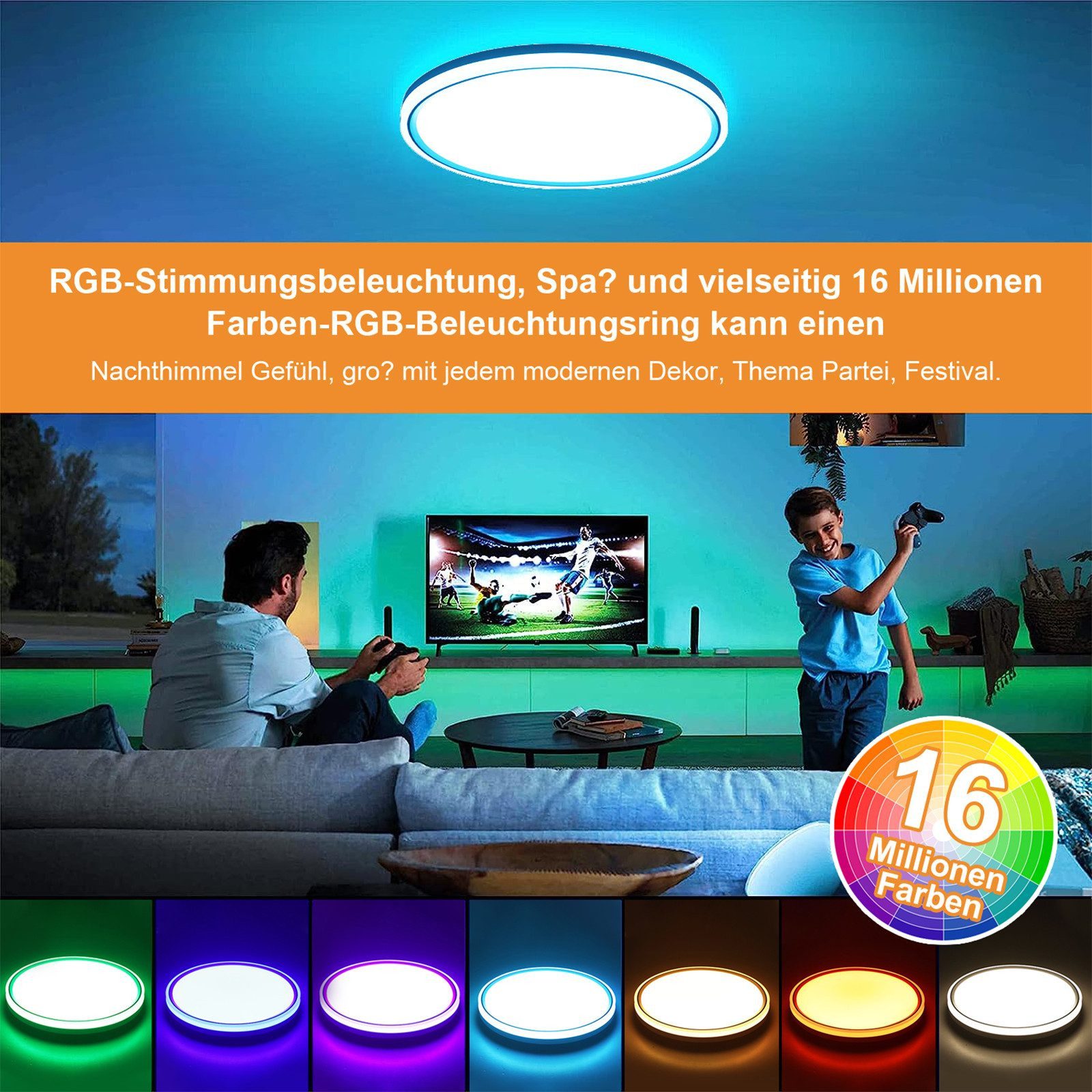 POPOLIC Deckenleuchten 24W Graffiti-Smart-RGB-Farb-Deckenleuchte,Ø30 cm, Mit Fernbedienung, integrierter LED-Beleuchtung, Sprachsteuerung, Timer und einer Dicke von 5,8 cm.
