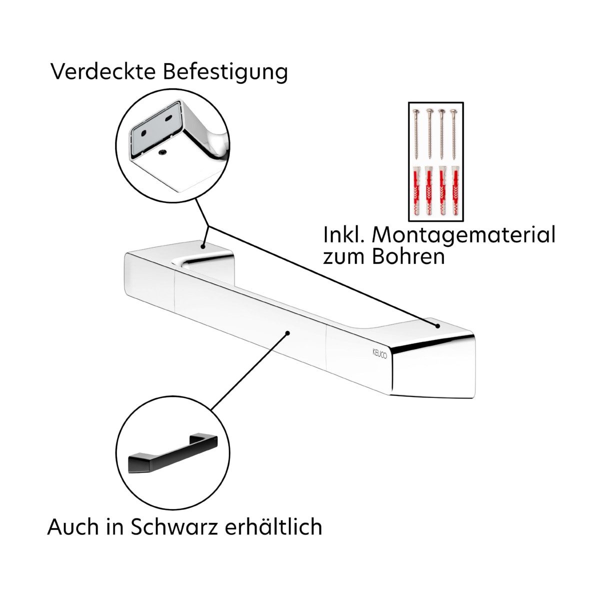 Keuco Haltegriff ROSE, 35 cm, Metall verchromt, bis 115 kg, Made in Germany, Wandmontage