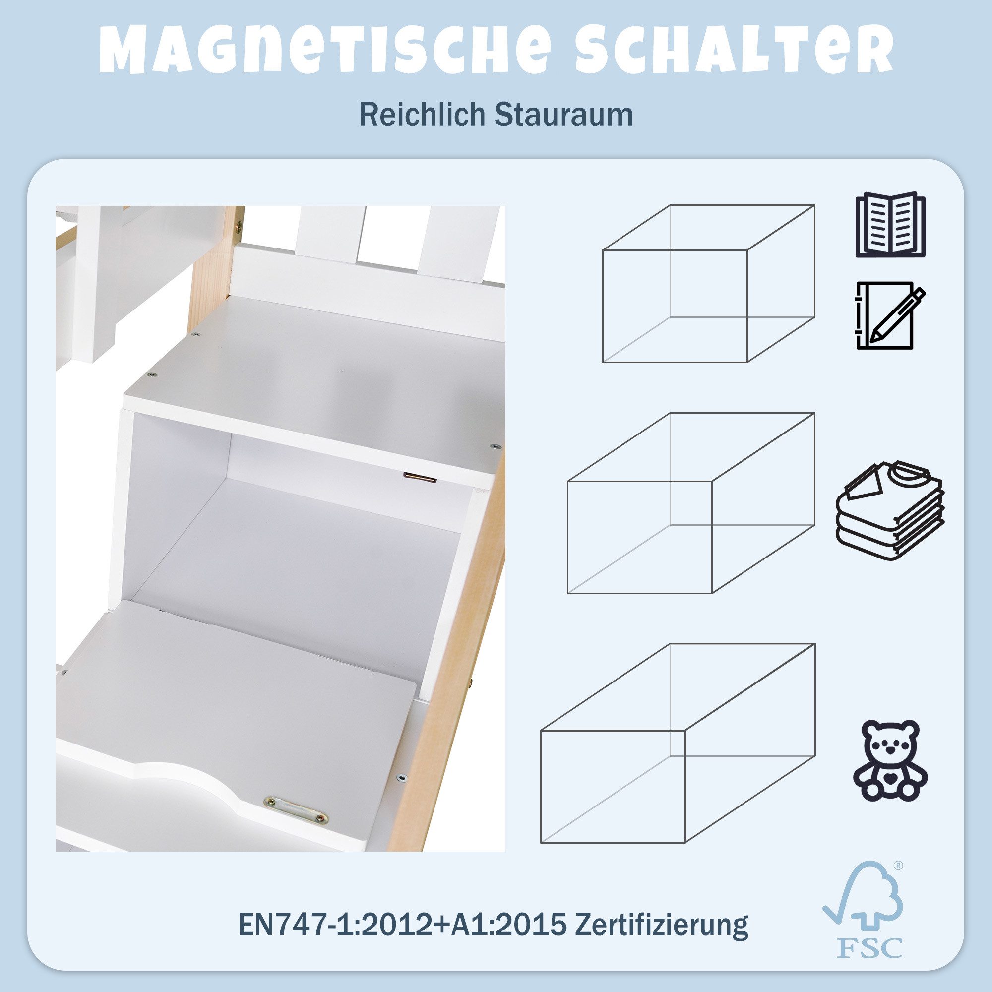 STILVORA Kinderbett 90×200 mit Tafel,Kinderbett Holzbett mit Stauraumtreppe&Rausfallschutz