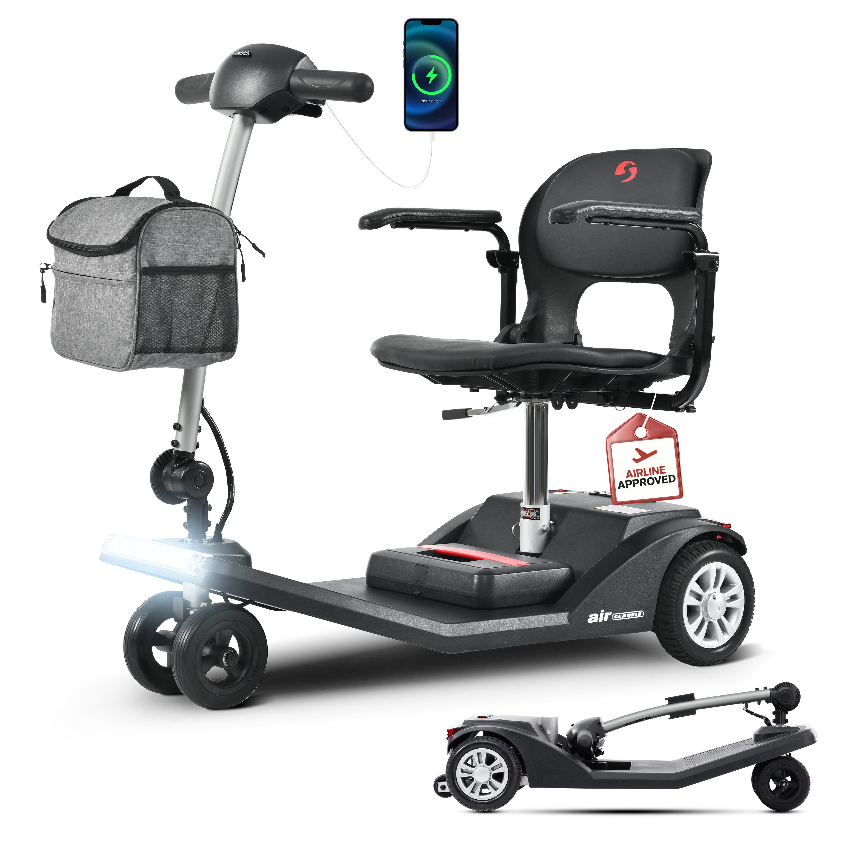 Rolipo Elektromobil Seniorenmobile Faltbar 4 Räder, 15KM, bis 136KG Aluminiumlegierung, 250 W, 6 km/h, Senioren Klappbar Leicht mit Große Reifen für Outdoor Roller Mobilität