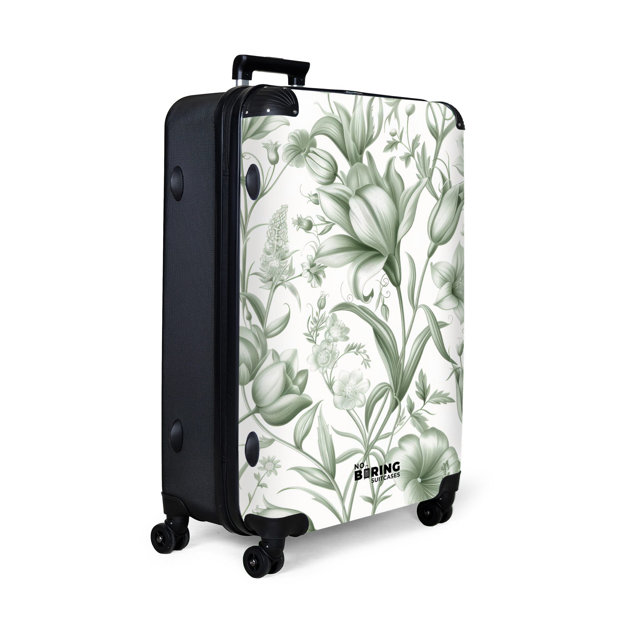 NoBoringSuitcases.com© Hartschalen-Trolley Weiß mit grünen Blüten günstig online kaufen