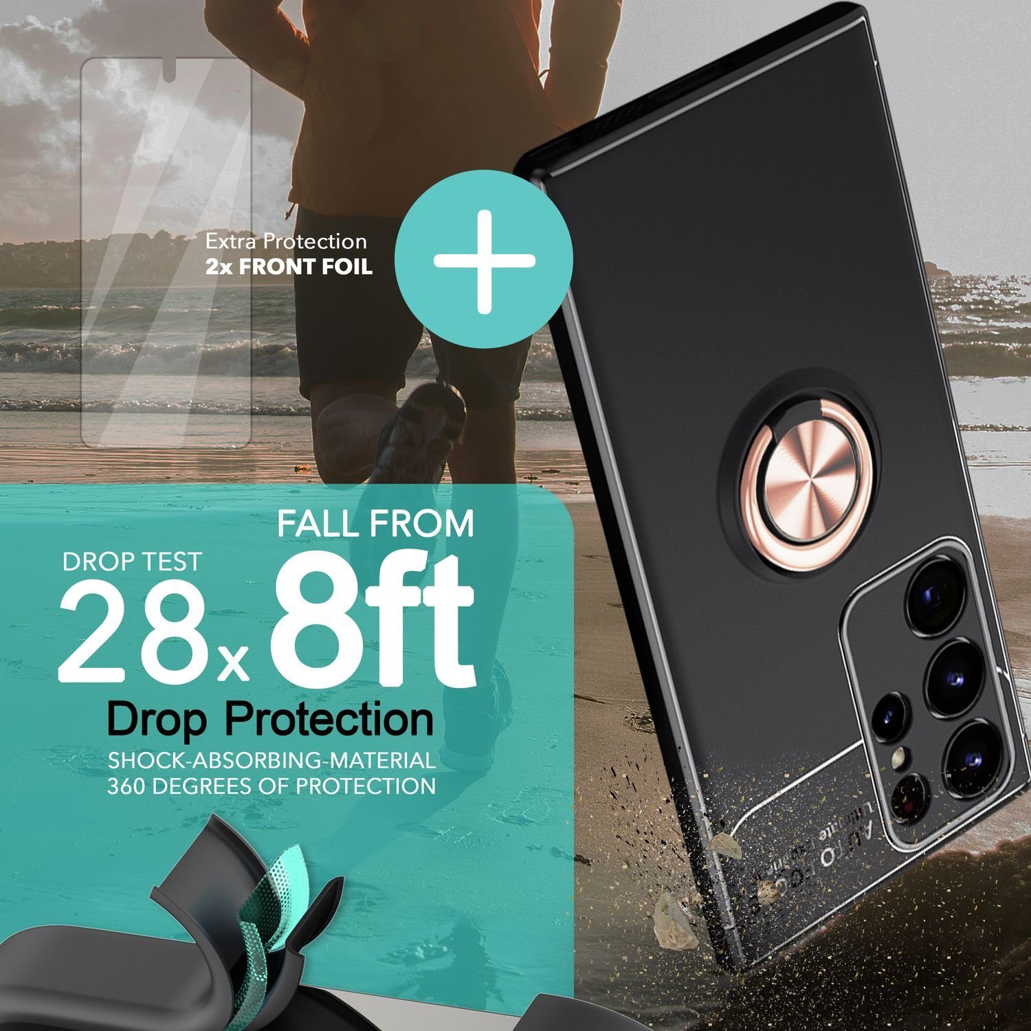 Nalia Smartphone-Hülle Samsung Galaxy S23 Ultra 17,3 cm (6,8 Zoll), Matte Ring Silikon Hülle / 2x Displayschutz / 360° Ring / Aufsteller