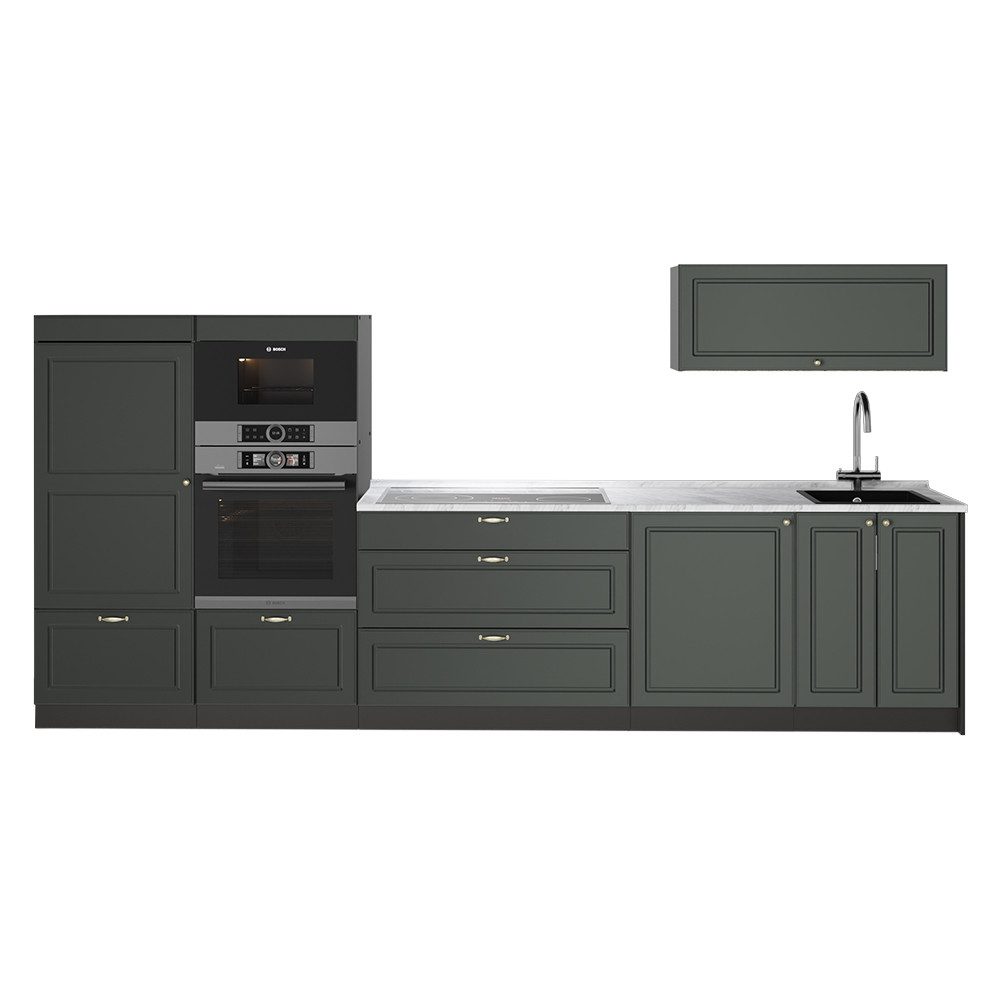 Vicco Küchenzeile Fame-Line, Grün-Gold Landhaus/Anthrazit, 340 cm, AP Marmor