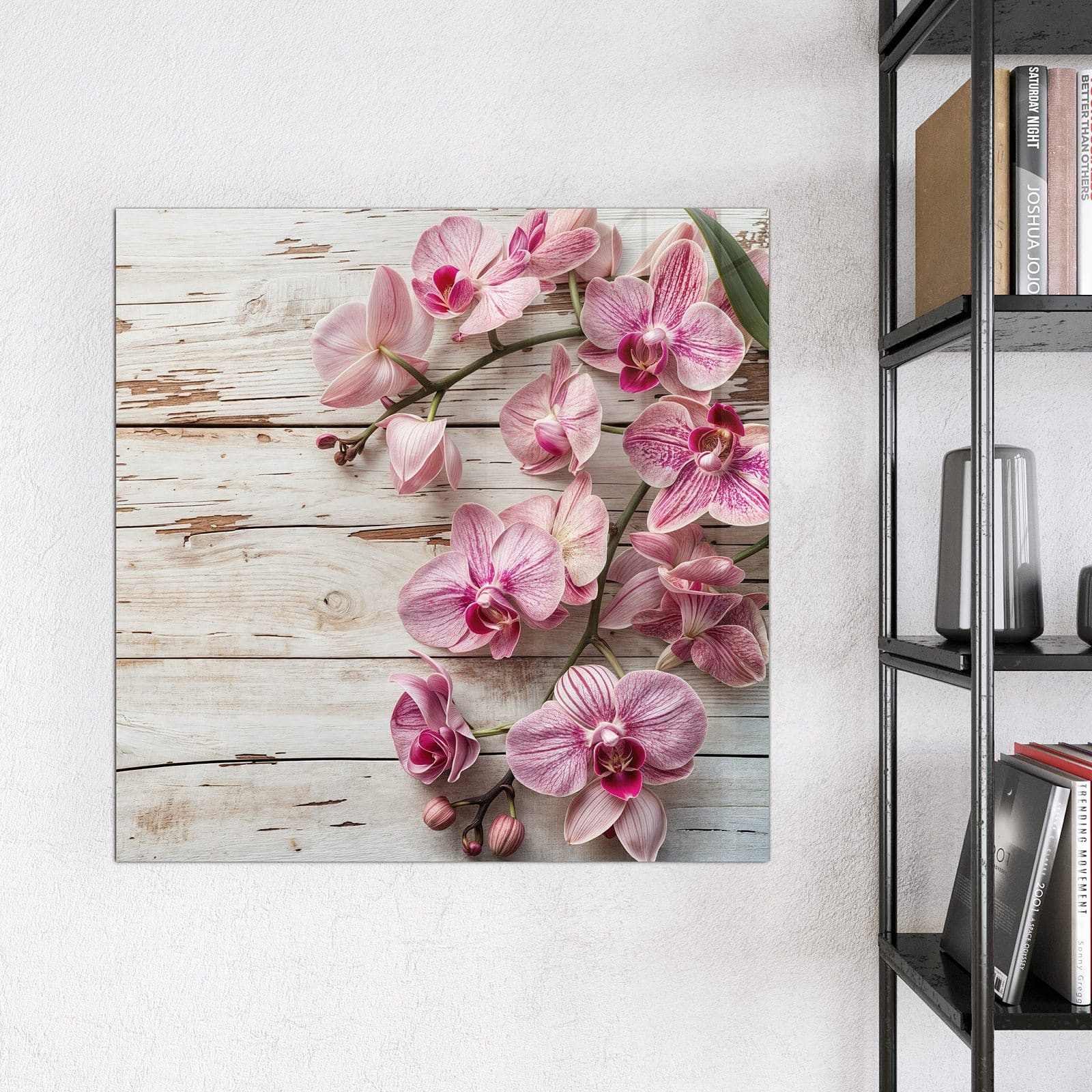 Primedeco Magnettafel Glas Orchideen auf Holz Pinnwand Whiteboard beschreibbar, (Inklusive Stift, Magnete und Montagematerial, 1-tlg., 9 verschiedene Größen), Magnetisch und Beschreibbar