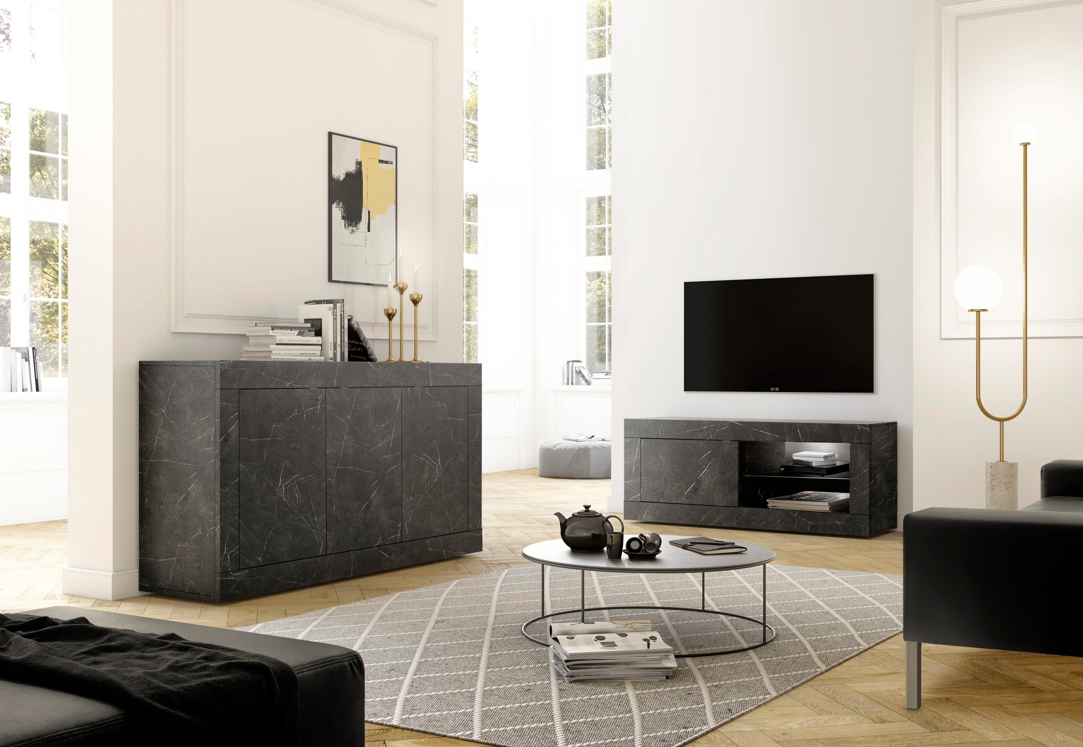 Home affaire Lowboard Basic Breite 140 cm, TV-Board 1 Tür, 2 offene Fächer (Glasboden), TV-Kommode, Metallgriff, moderne Rahmenoptik, Farbauswahl