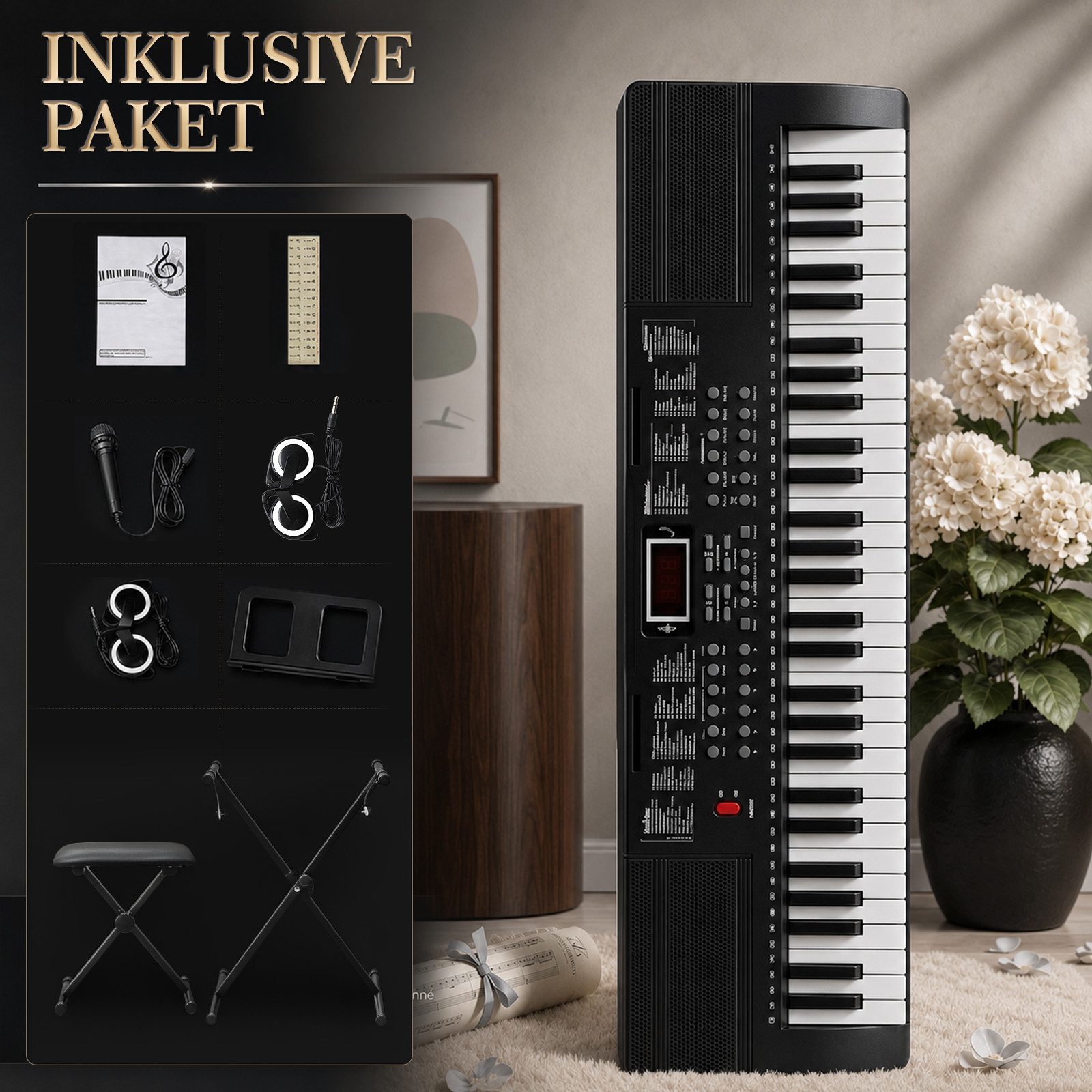 LALAHO Klavier 61 Tasten E Keyboard Set mit Ständer, Digital Keyboard, LCD-Display mit MIDI USB, Kinder Keyboard Set, Digitalpiano Anfänger – Bild 3 von 5