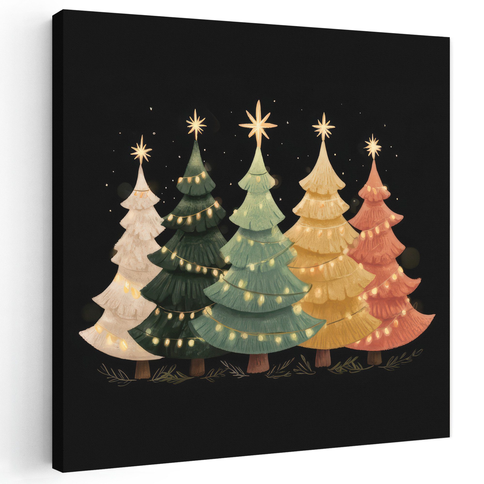 OneMillionCanvasses® Leinwandbild Weihnachtsbäume - Bunt - Lichter - Stern, Fotodruck (1 St), Wandbild, Deko Schlafzimmer Wohnzimmer Flur 20x20 cm