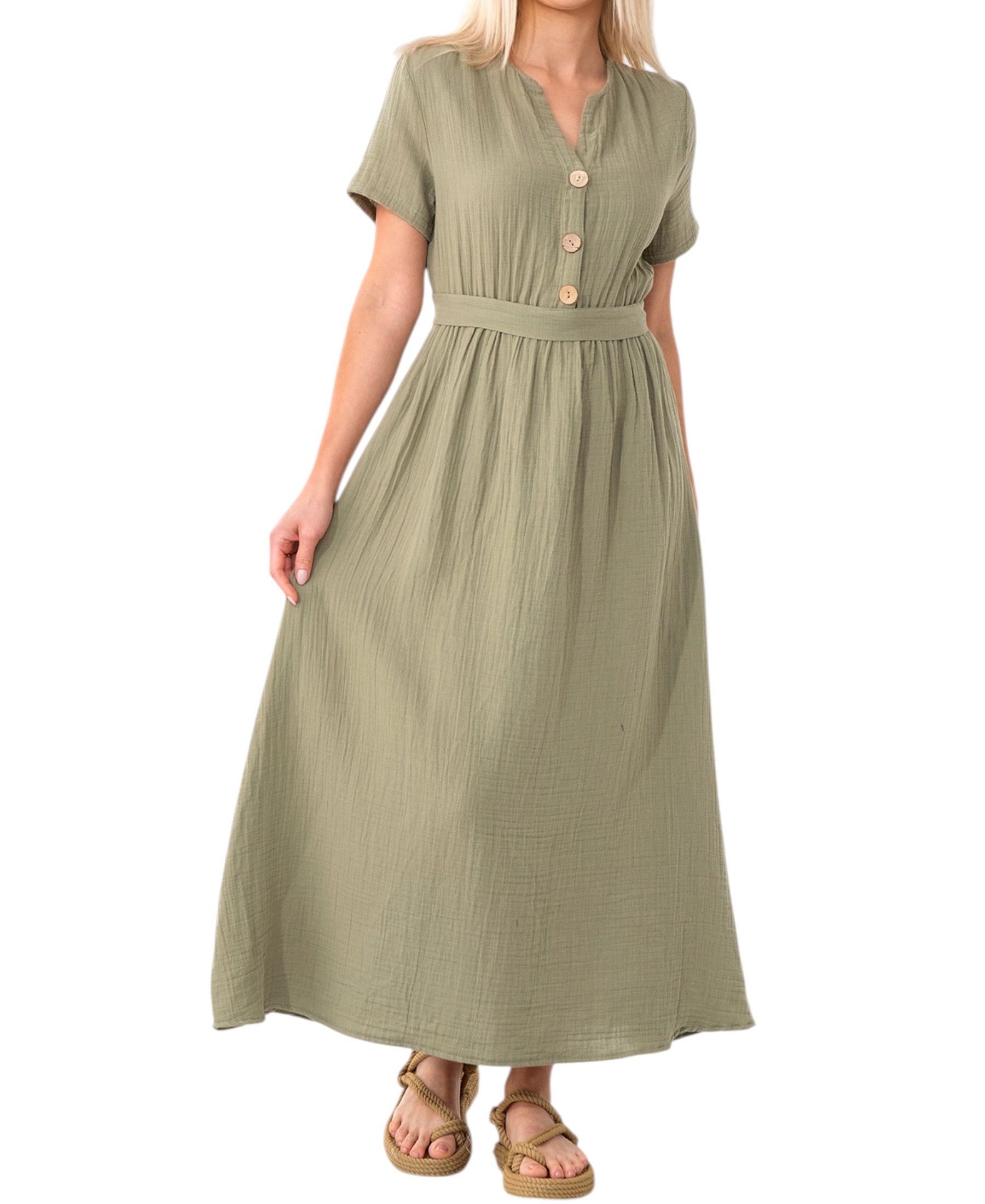 WENOR Sommerkleid Musselin Boho Kleid mit Knopfleiste & Taillenband, Freizeitkleid (1-tlg) Vorn mit Holzknöpfen, Bindegürtel an der Taille – Bild 2 von 5