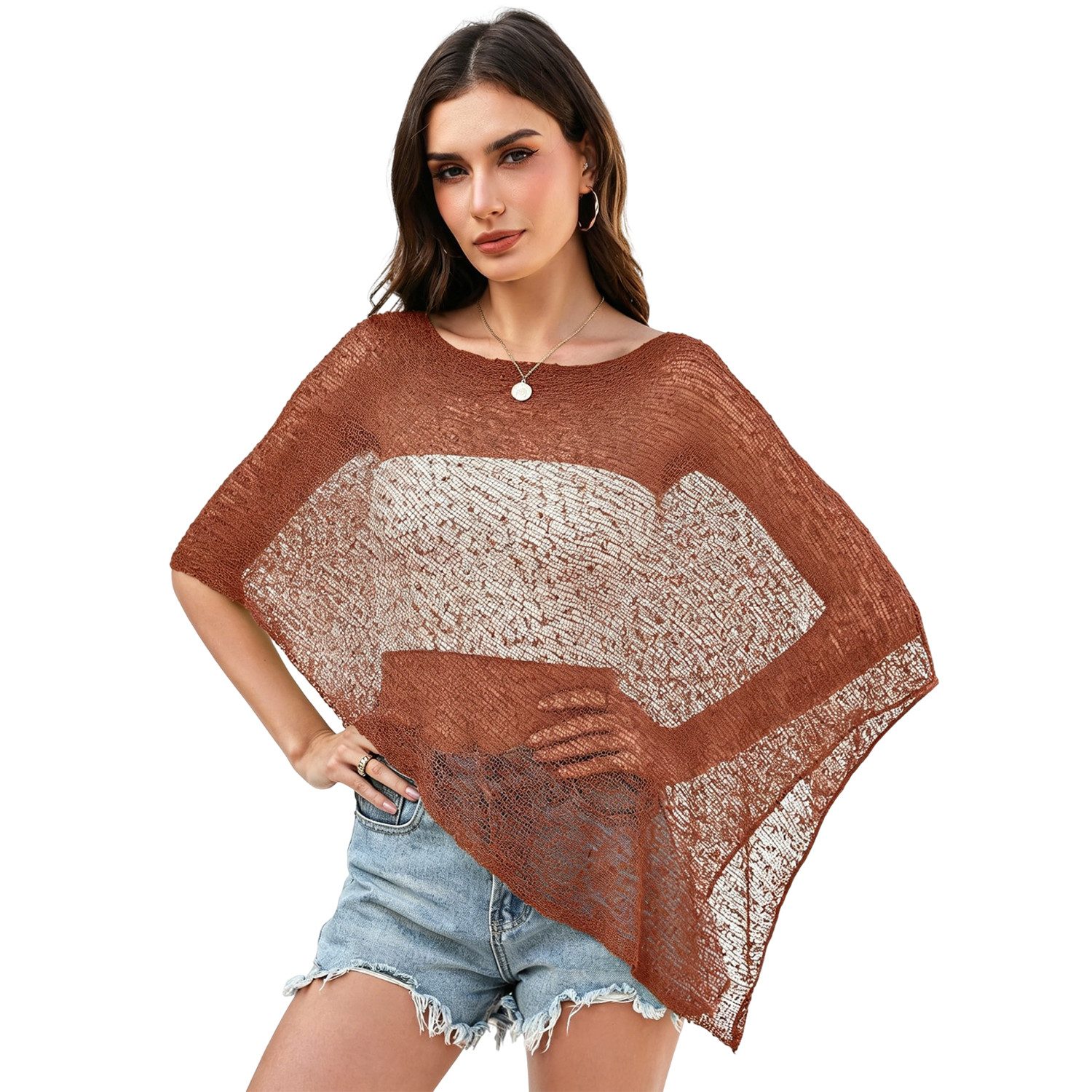 Refttenw Poncho Durchsichtiger Strickponcho gestrickt Bolero elegante Cape für Sommer mit asymmetrischem Saum
