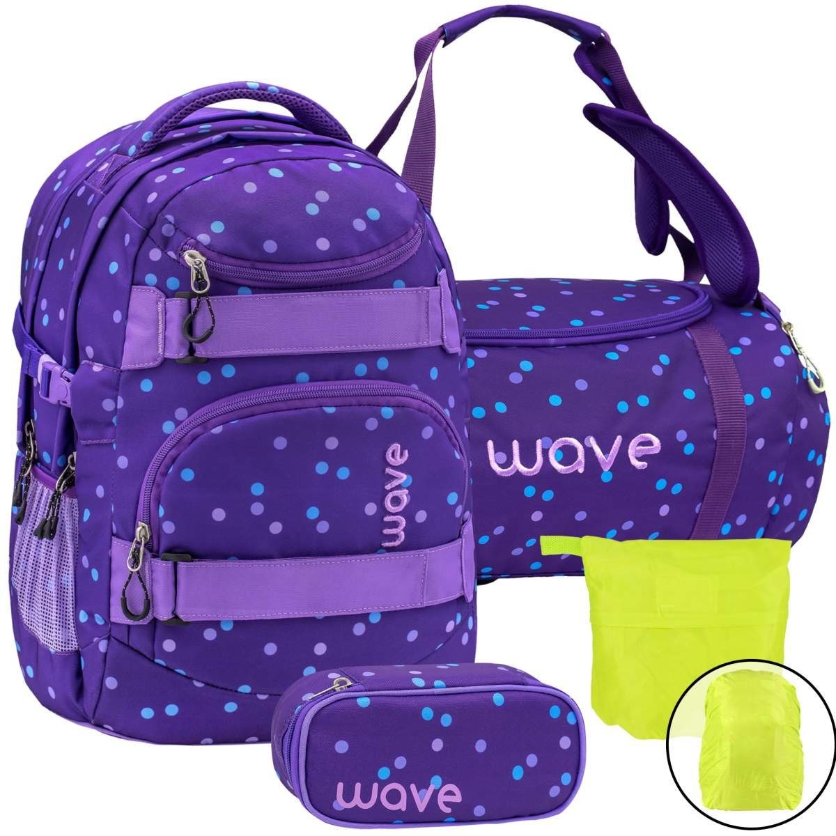 Wave Schulrucksack Infinity, Schultasche, ab 5. Klasse, weiterführende Schule, Set mit Regenhülle Purple Dots