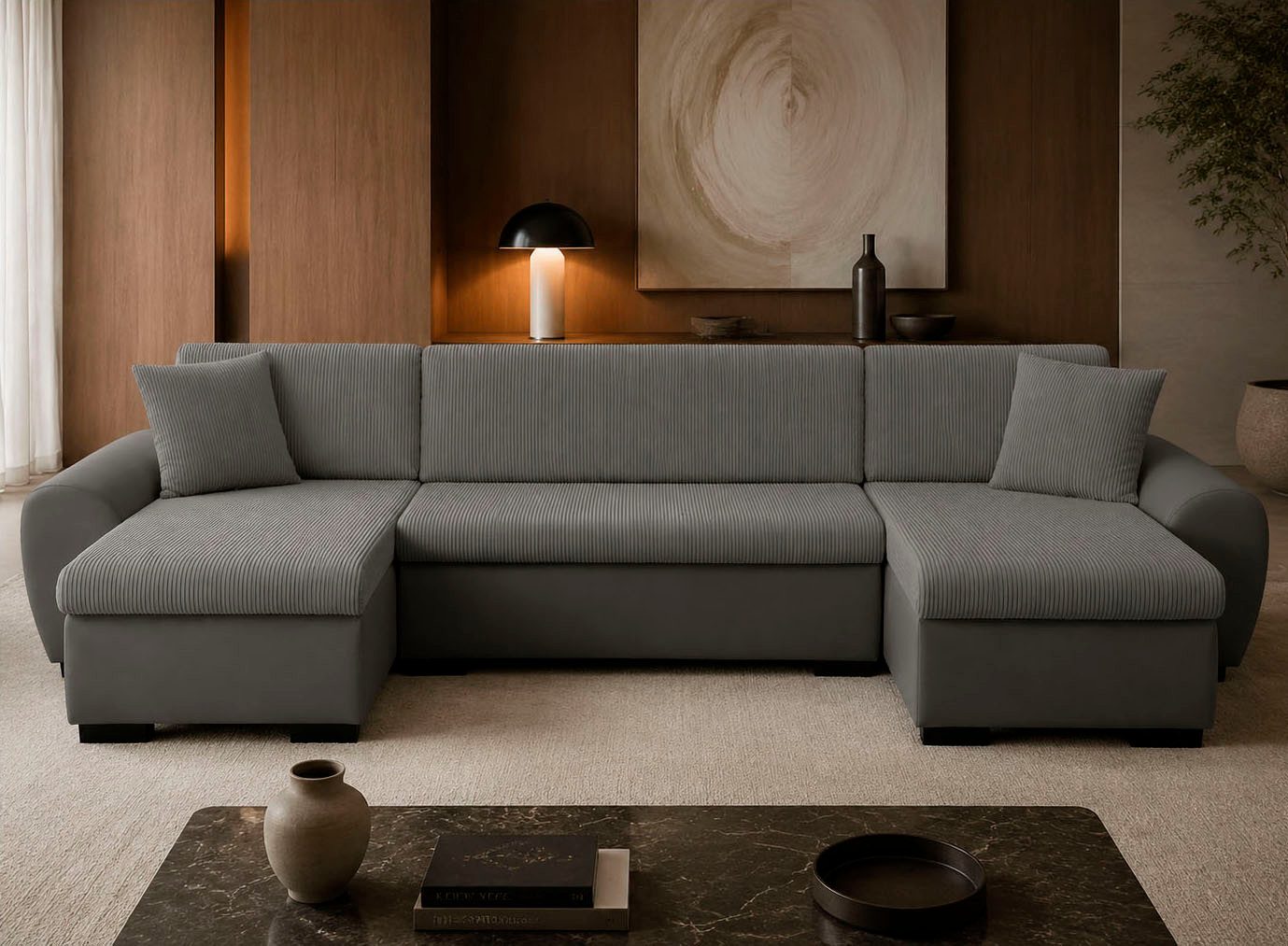 OTTO home Wohnlandschaft KIVELLA mit Schlaffunktion, Cord-Struktur, U-Form, 307 cm, Schlafsofa - Liegefläche (128/257), Bettkasten, Cord-Struktur-Mix