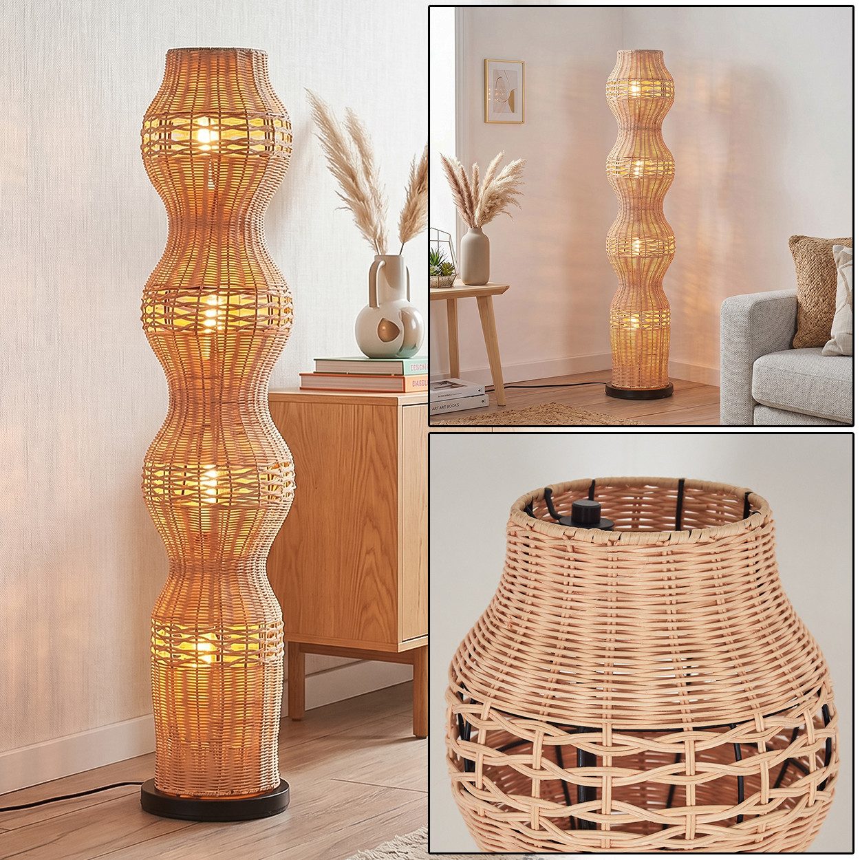 hofstein Stehlampe Stehlampe aus Metall/Rattan in Schwarz/Naturfarben mit Lichteffekt, ohne Leuchtmittel, Leuchte im Retro/Vintage/Boho-Design m. Fußschalter, 111 cm, E27