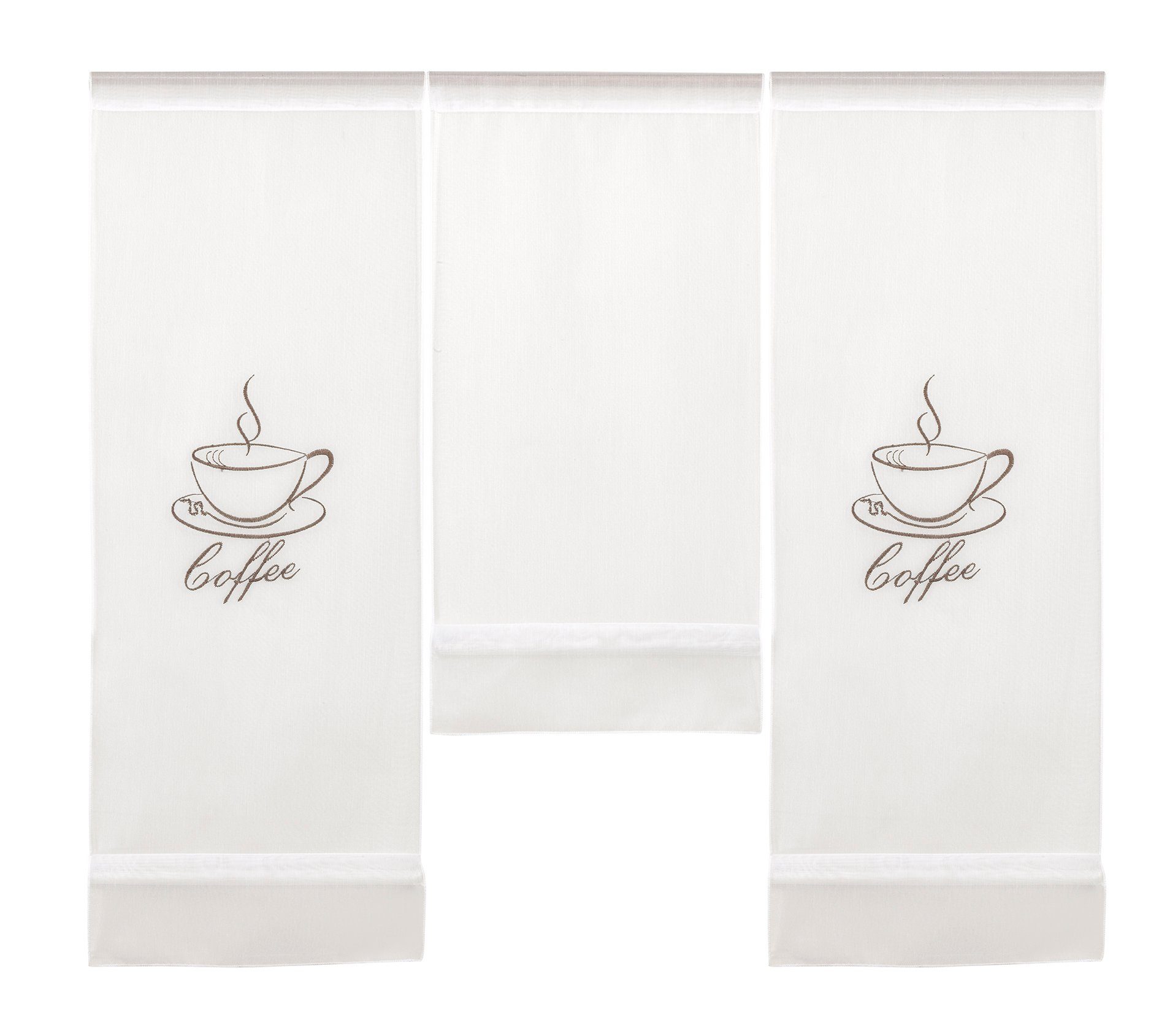 Scheibengardine Design Mini St), 4057-01, braun Stangendurchzug transparent, Coffee Flächenvorhang Set Kaffeemotiv, Clever-Kauf-24, bestickt (3 weiß bestickt, transparent, weiß Kaffee