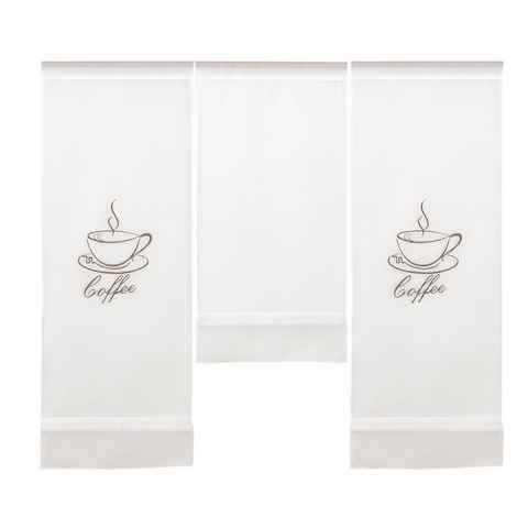 Scheibengardine Design Mini Flächenvorhang Set weiß bestickt Kaffee Coffee braun 4057-01, Clever-Kauf-24, Stangendurchzug (3 St), transparent, bestickt, Kaffeemotiv, transparent, weiß