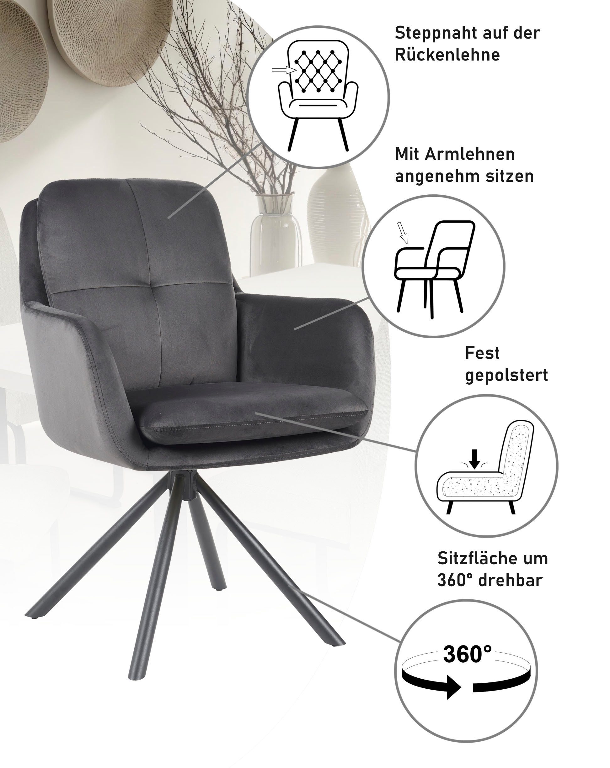 HELA Armlehnstuhl PARMA (Set, 2 St), 2er Pack, 360° drehbar, 4-Fuß, Kissenoptik, Samtvelour, Armlehnen