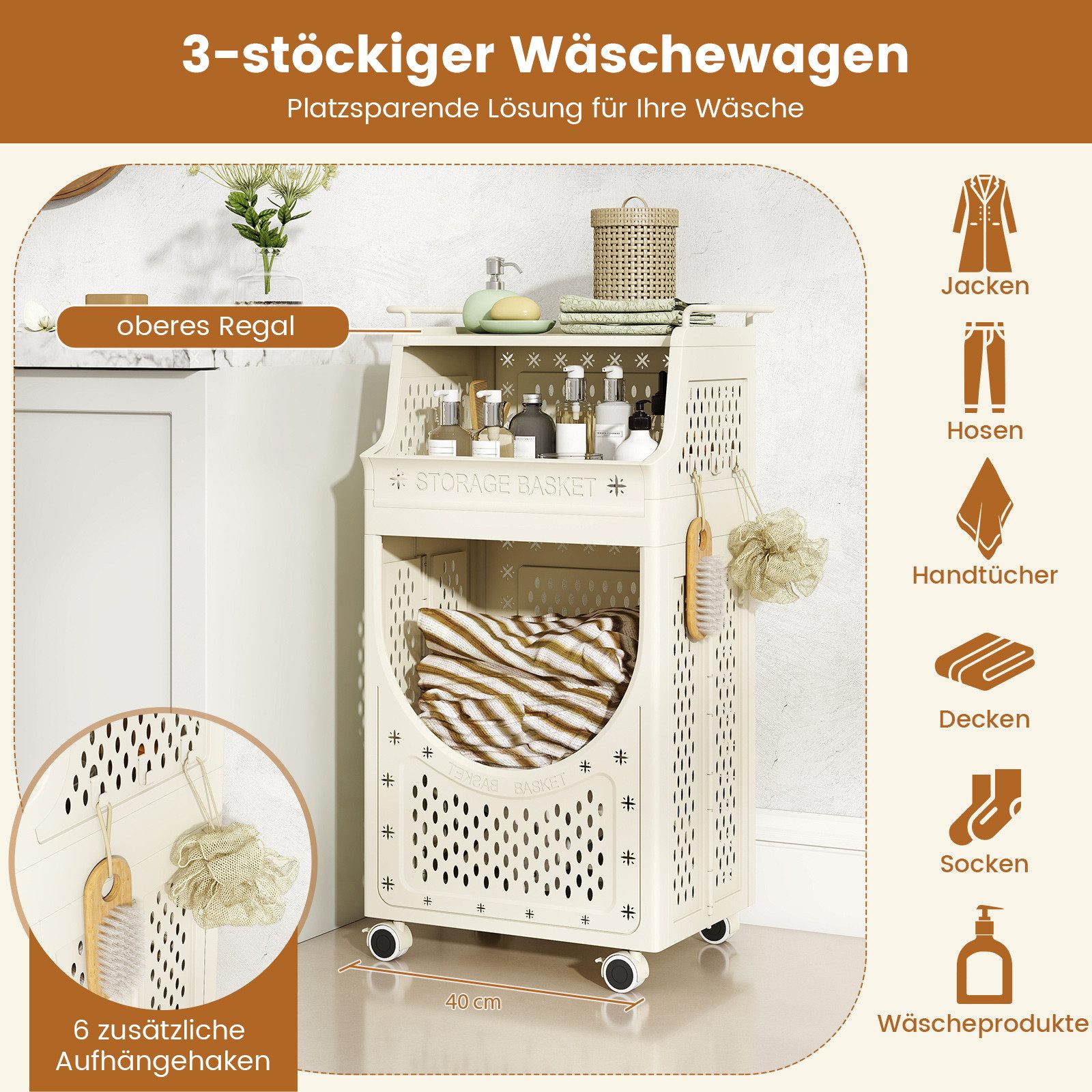 COSTWAY Wäschekorb, 3 Etagen Wäschekorbwagen mit 40L Wäschekorb, faltbar