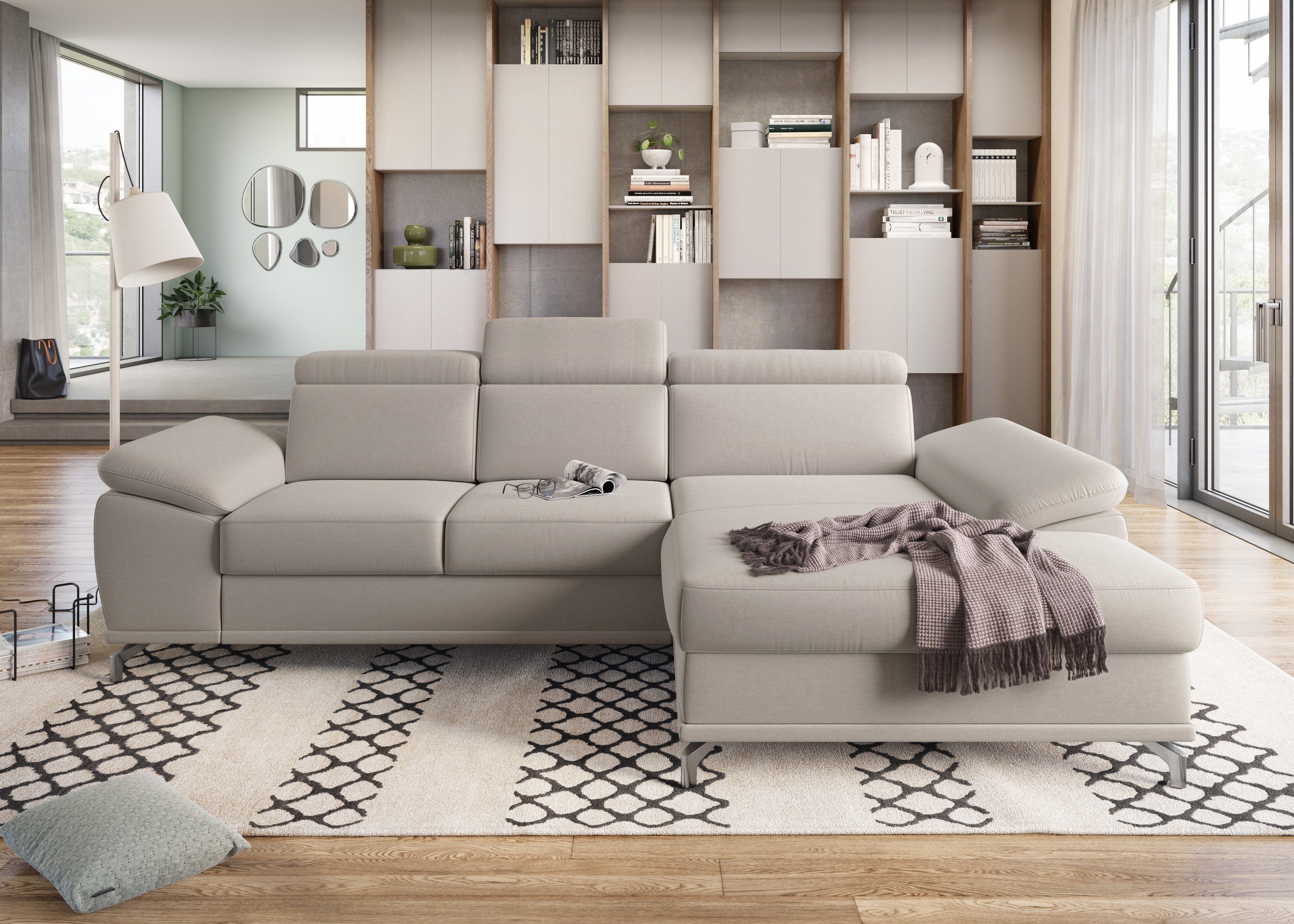 sit&more Ecksofa Cabrio L-Form, B: 295 cm, mit Sitztiefen-, Arm- & Kopfteilverstellung, 2 Nierenkissen, Federkern, optional Schlaffunktion und Stauraum