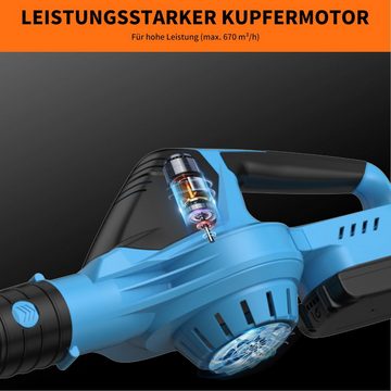 JOEAIS Akku-Laubbläser Laubbläser mit Akku und Ladegerät Bläser 21v 500w, (28000rpm Bürstenloser Motor 2,0 Ah Akku Drehzahleinstellung), zum Blasen,Saugen und Häckseln von Laub, im Karton