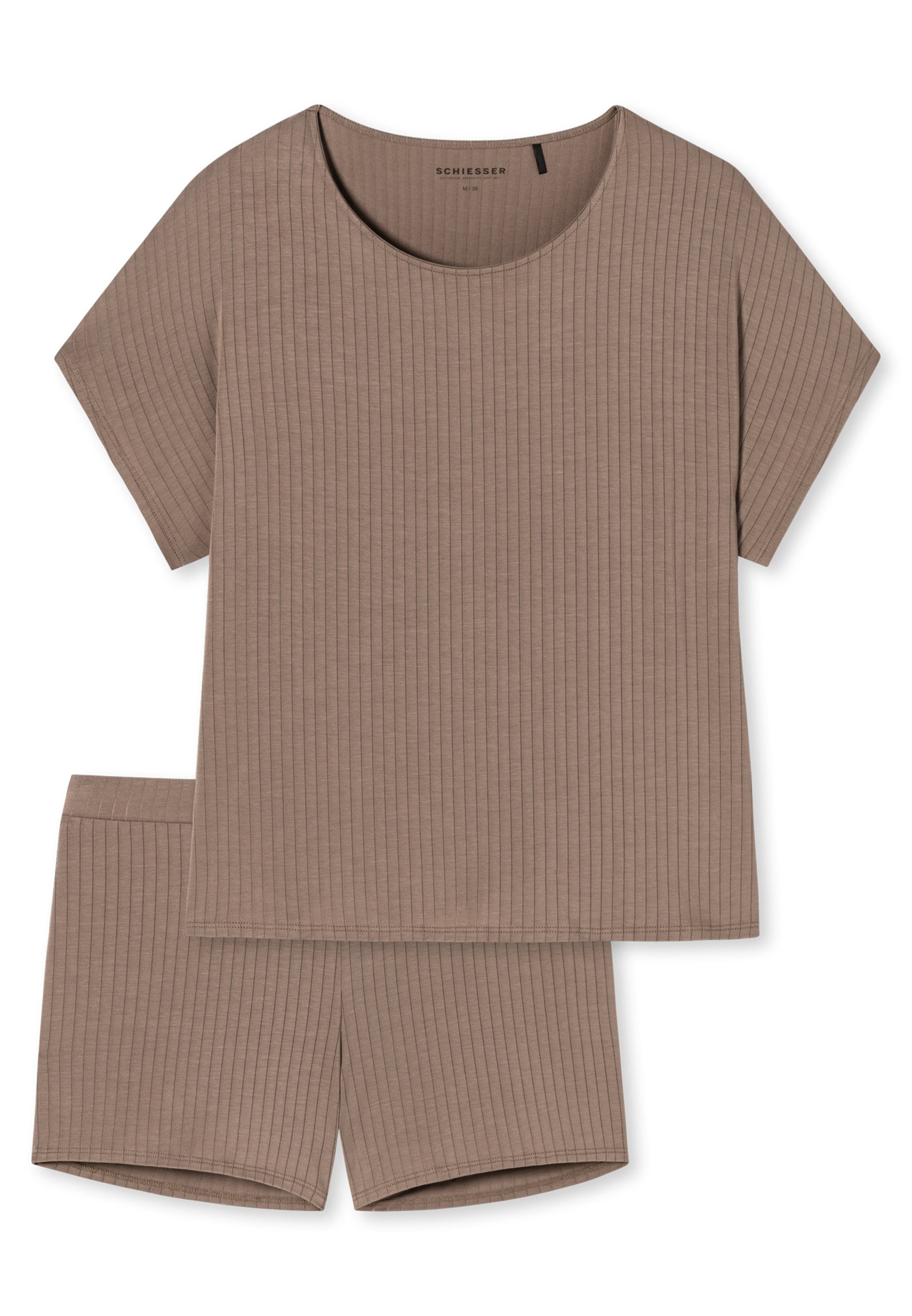 (Set, Kurz Premium 2 Selected Pyjama mit Oversized-Shirt Schiesser Braun tlg) Schlafanzug - Fledermausärmeln