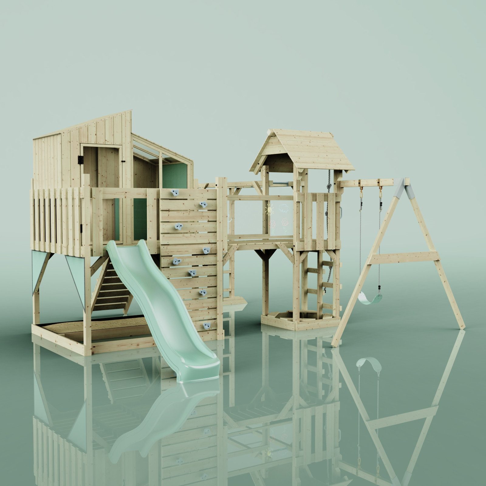 OutdoorToys Spielturm Liv, aus Holz in Mintgrün mit Kinderschaukel & Rutsche