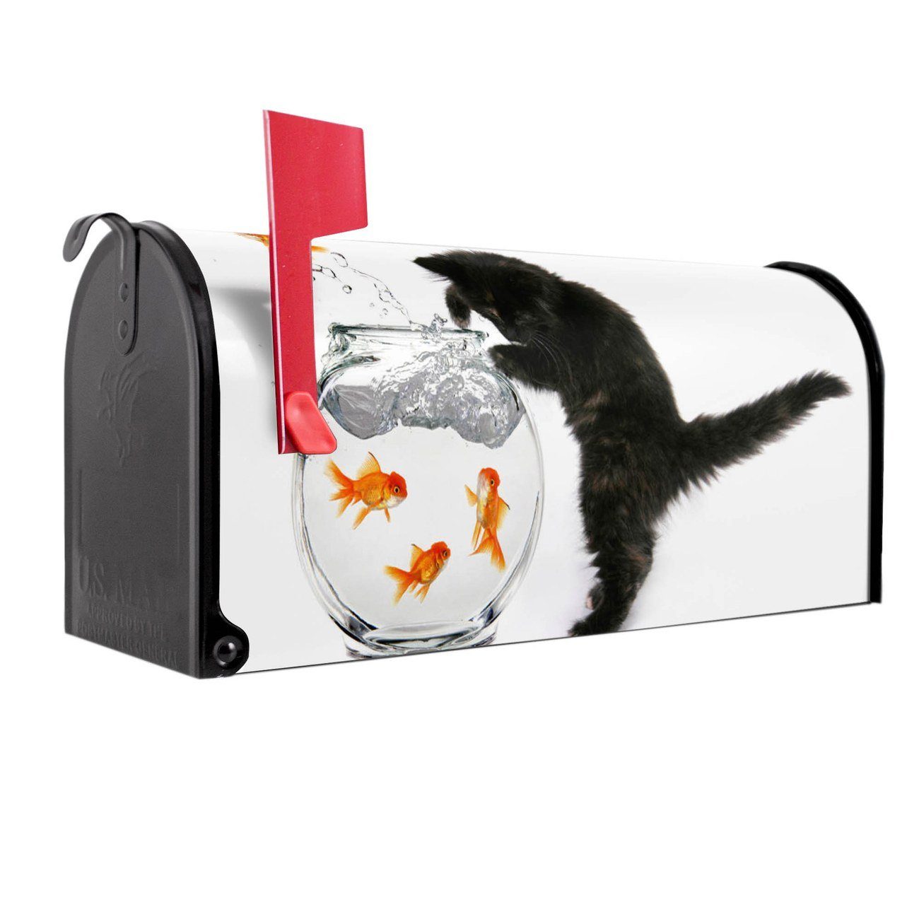 banjado Amerikanischer Briefkasten Mailbox Katze Und Fisch (Amerikanischer Briefkasten, original aus Mississippi USA), 22 x 17 x 51 cm schwarz
