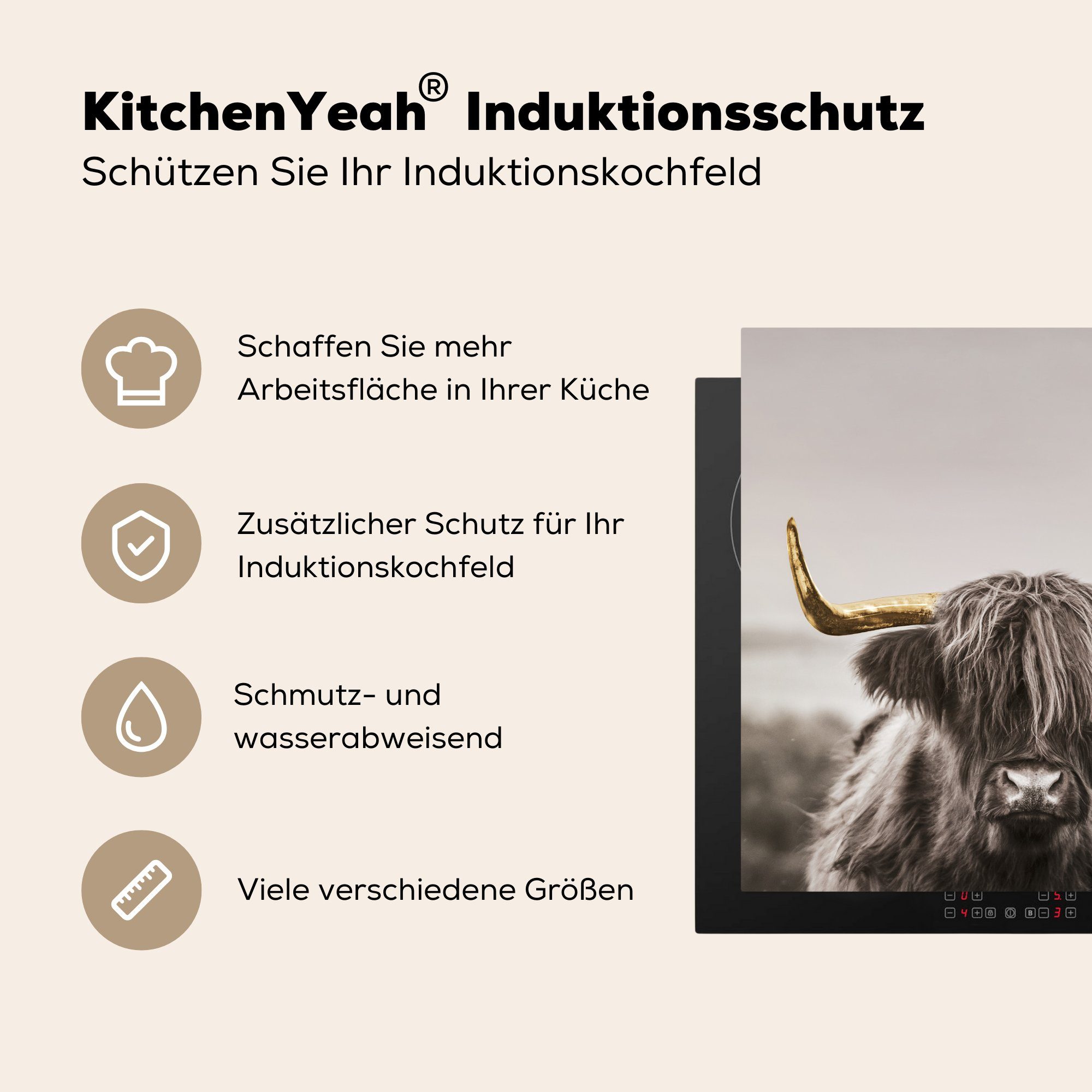 MuchoWow Herdblende-/Abdeckplatte Schottischer Arbeitsplatte - für (1 cm, Vinyl, - 78x78 Gold Hoorn, Ceranfeldabdeckung, Highlander küche tlg)