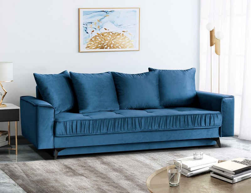 Beautysofa 3-Sitzer Couch Sofa MONACO mit Schlaffunktiun und Bettkasten Wellenfedern