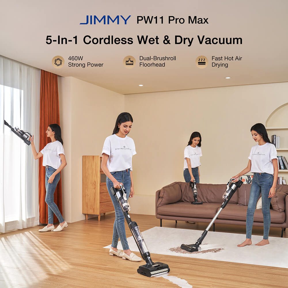 Jimmy Nass-Trocken-Sauger PW11 Pro Max 5-in-1-Akku-Handstaubsauger, 460 W starke Leistung, 460,00 W, 21KPa 110AW Saugkraft, Max.80Min Laufzeit, 180° Flachdesign
